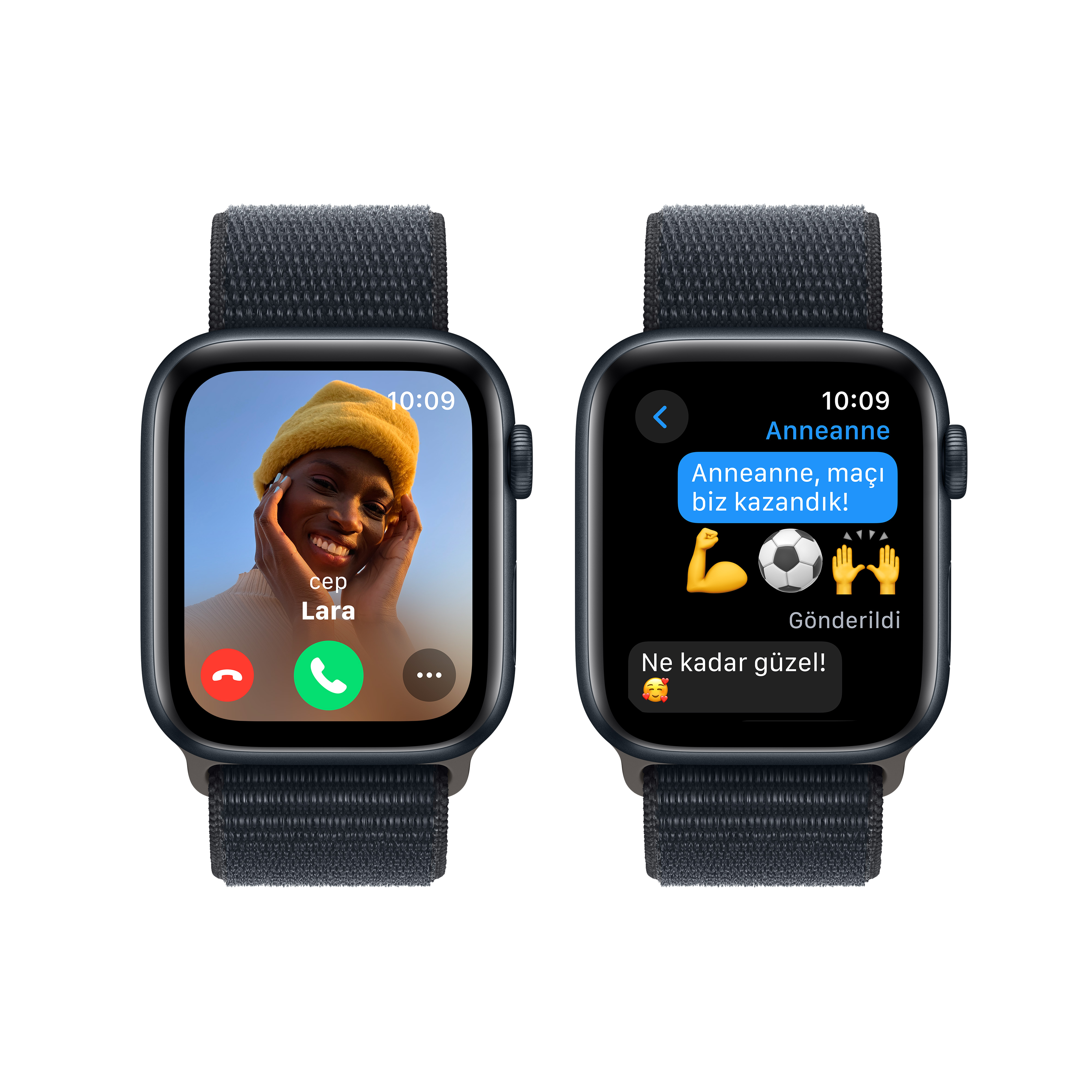 İki Apple Watch. Biri arama, diğeri emojili mesaj gösteriyor. Her ikisi de koyu mavi kayışlara sahip.