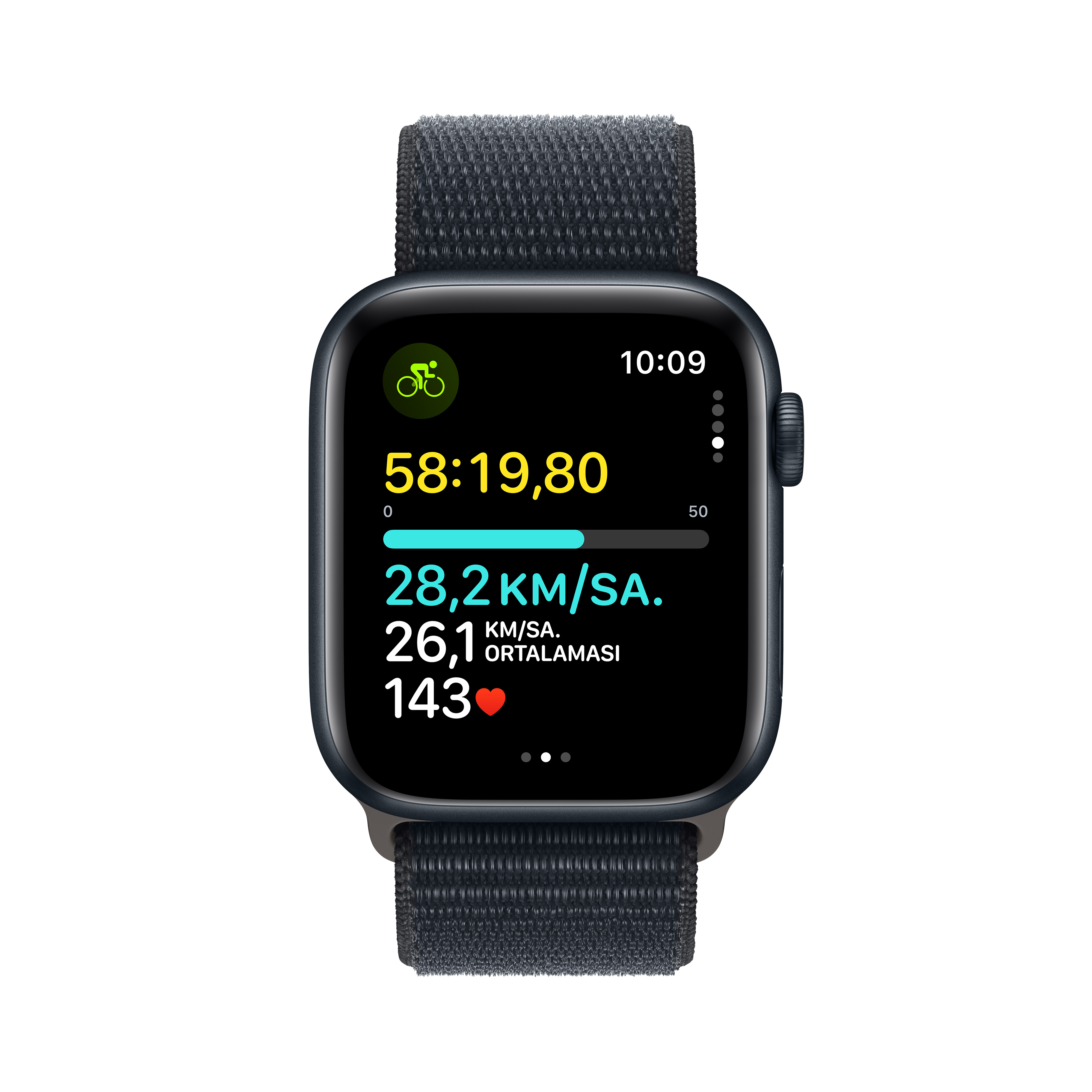 Bir Apple Watch, hız, mesafe ve kalp atış hızı dahil bisiklet istatistiklerini görüntülüyor.