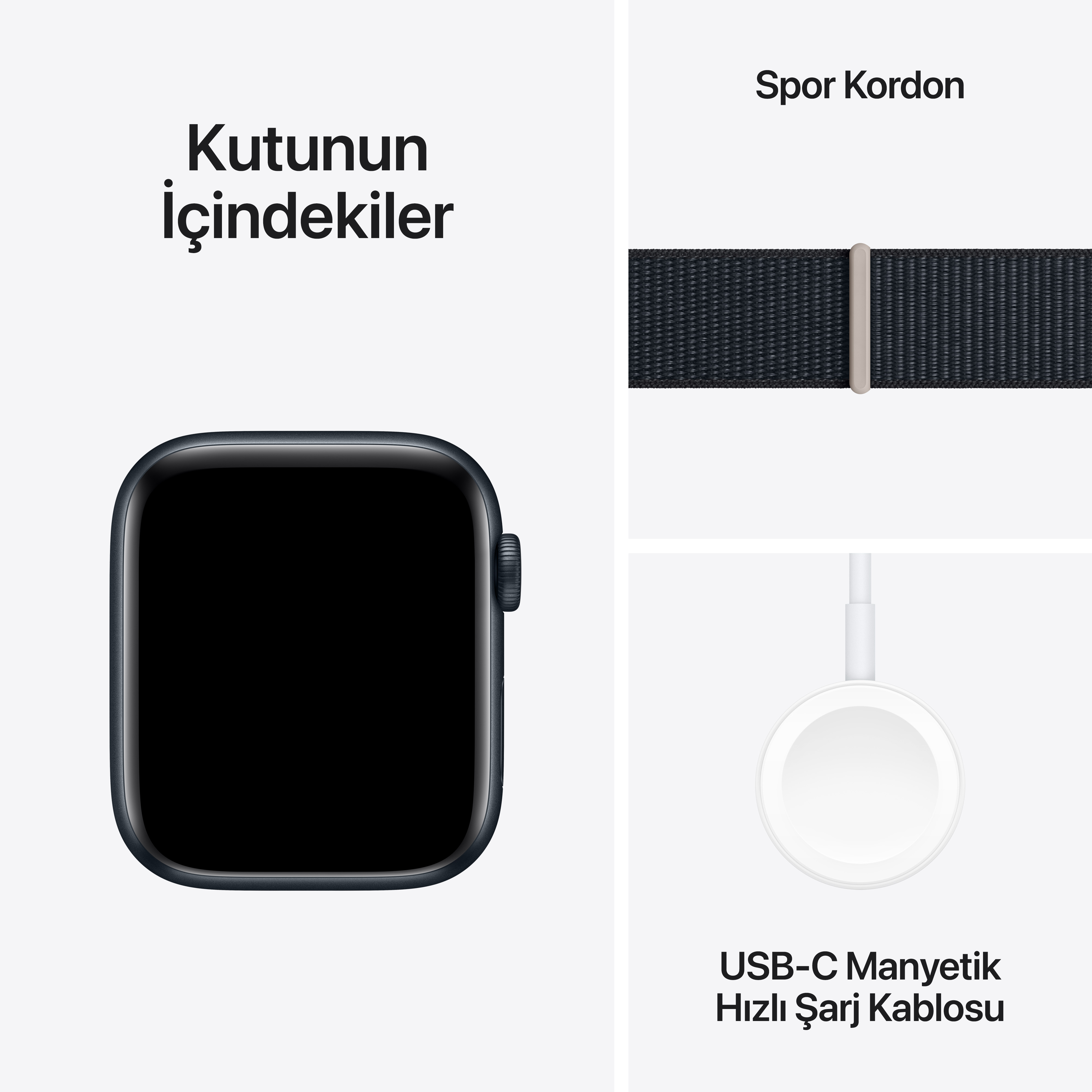 Apple Watch içeriği: saat, kayış ve şarj kablosu.