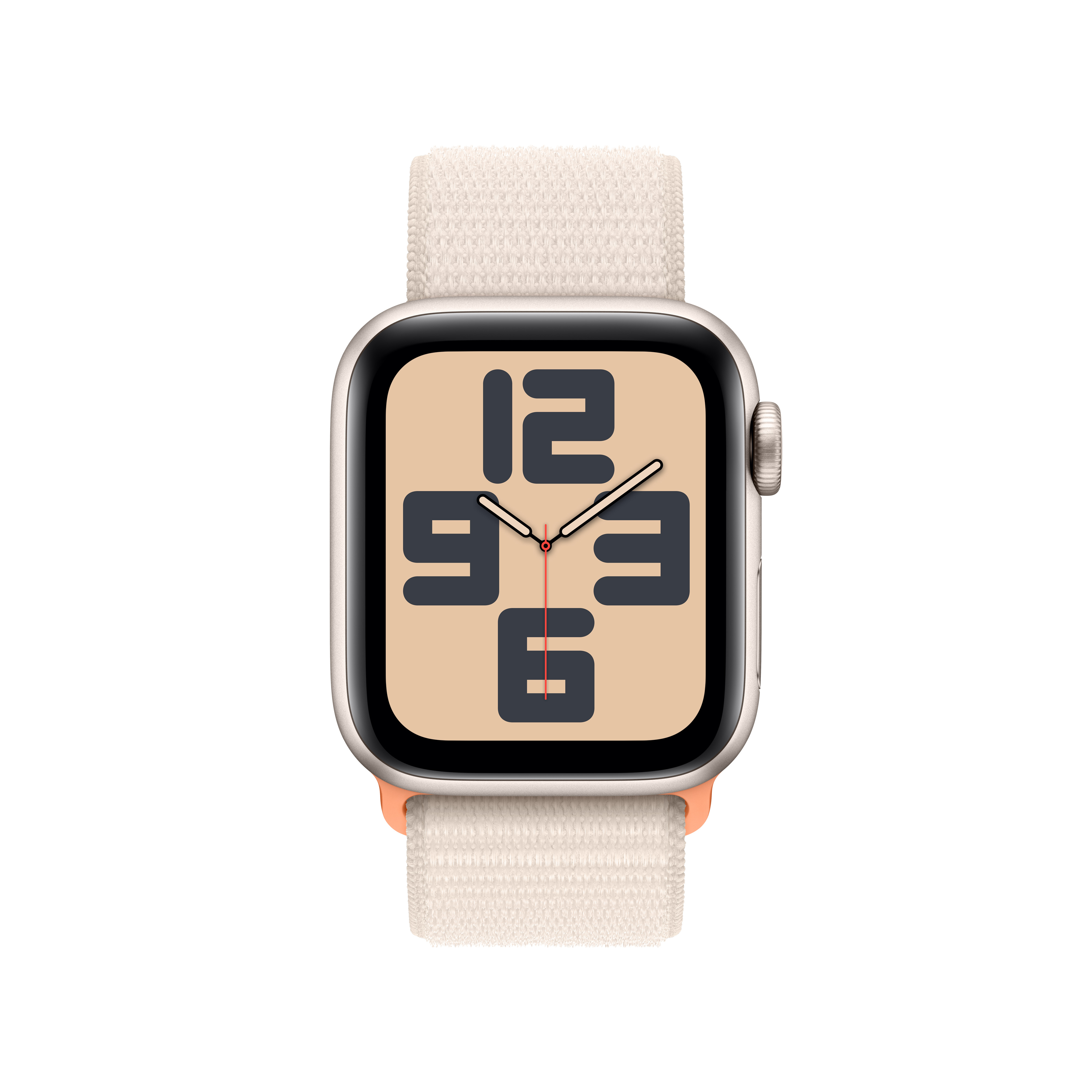 Bej kayışlı gümüş Apple Watch. Saat kadranında bej zemin üzerinde büyük siyah rakamlar var.