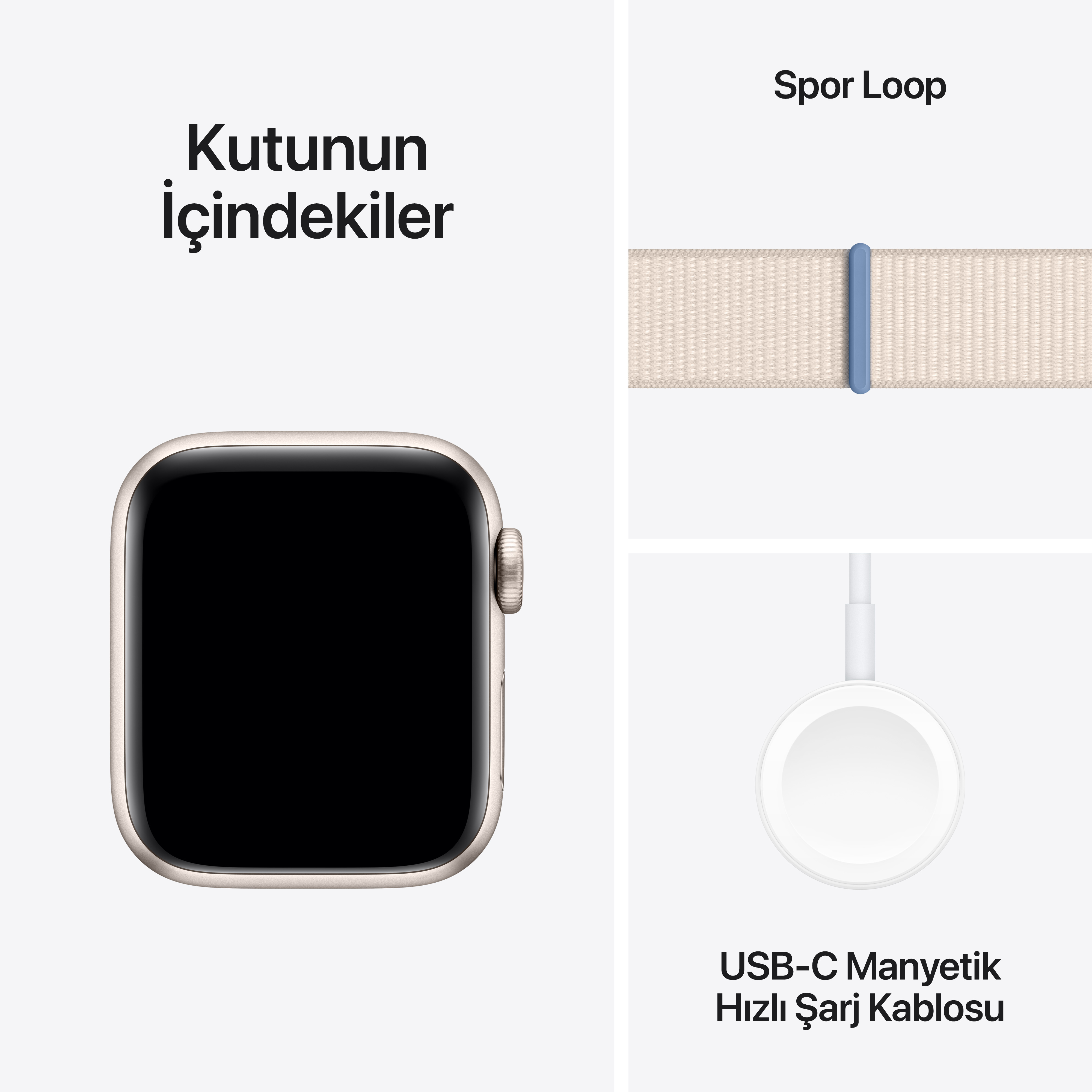 Bir Apple Watch kutuda, kayışı ve şarj kablosuyla. Saat kadranı boş.