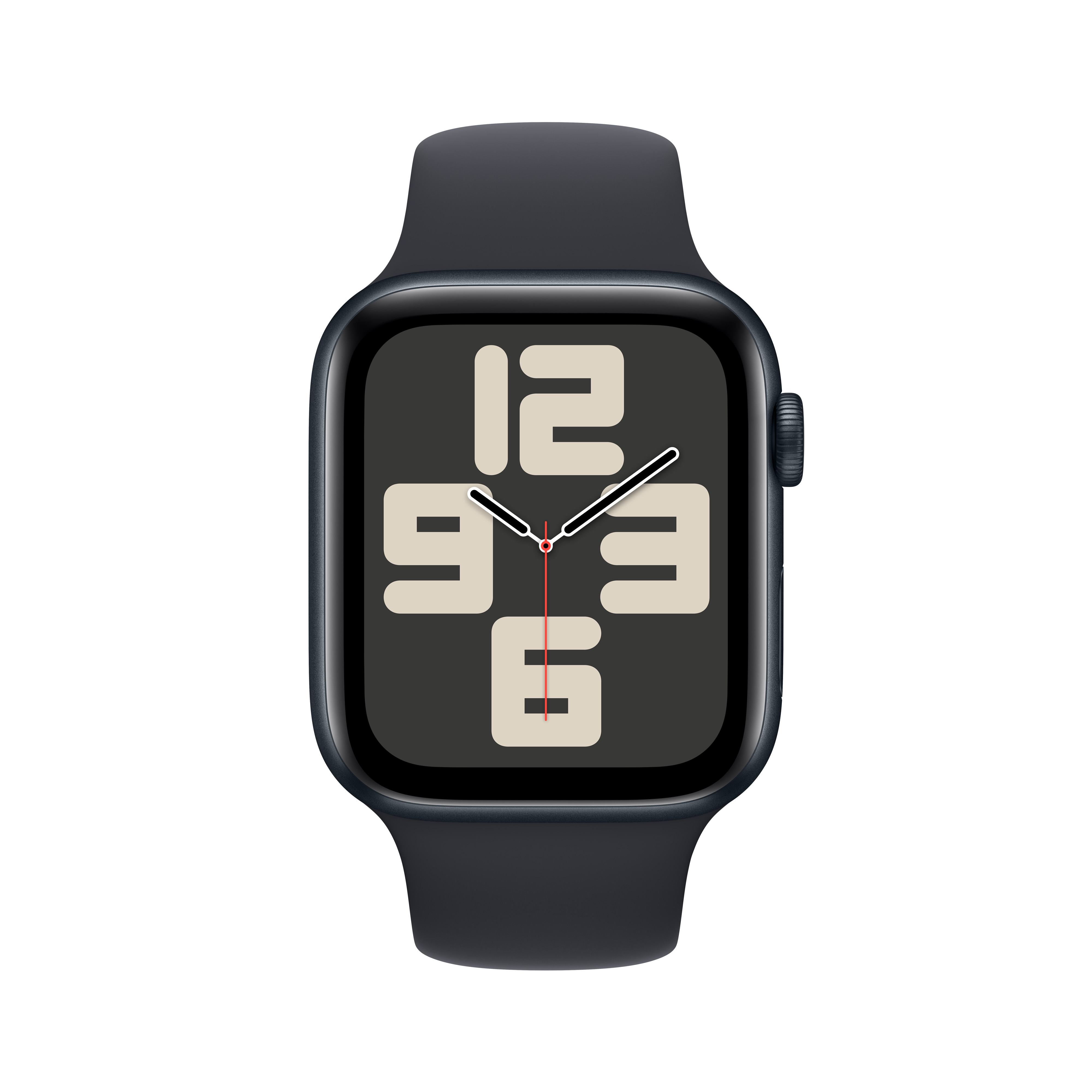 Lacivert Apple Watch, büyük dijital saat yüzü. Rakamlar bej rengi.