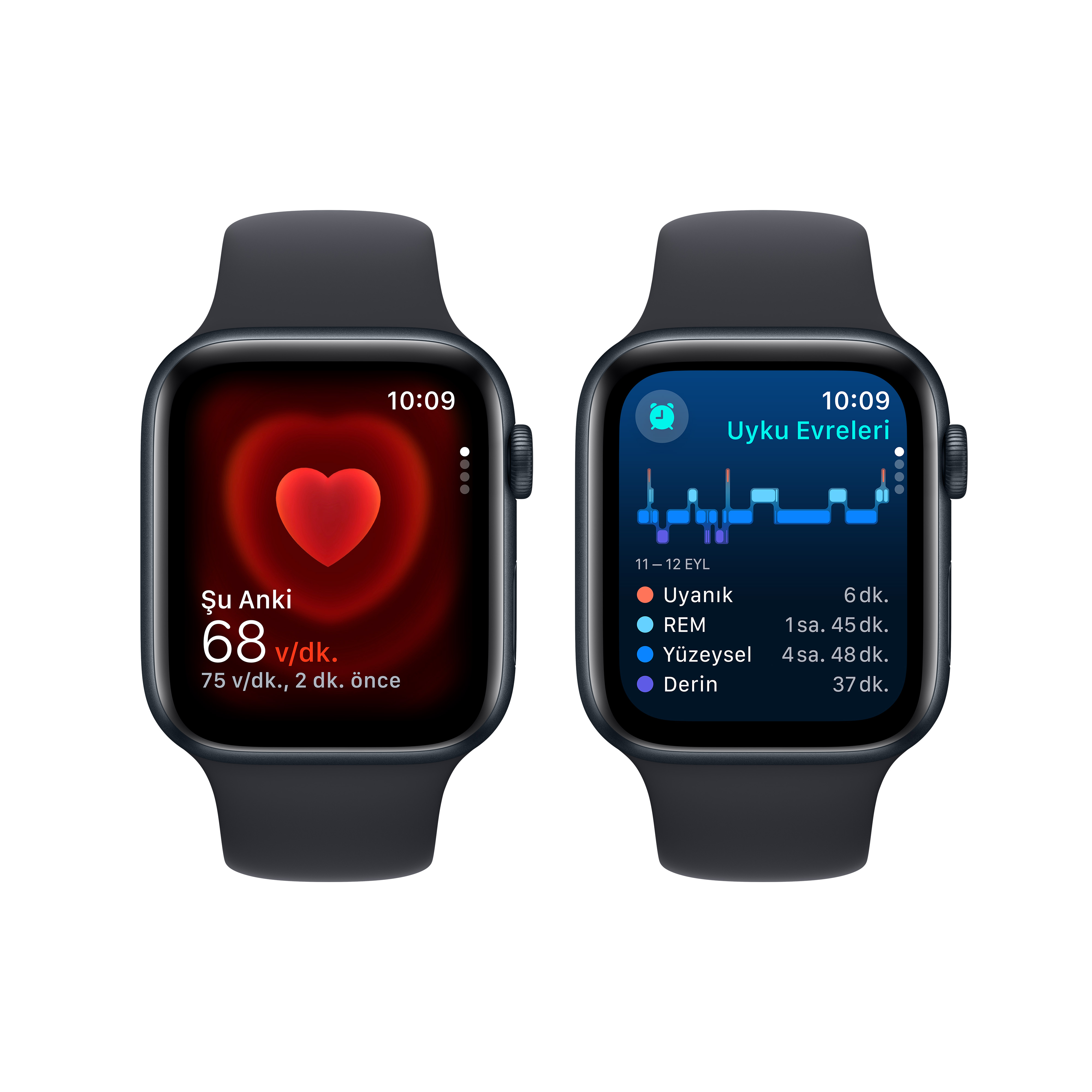 Kalp atış hızı ve uyku verilerini gösteren iki Apple Watch.