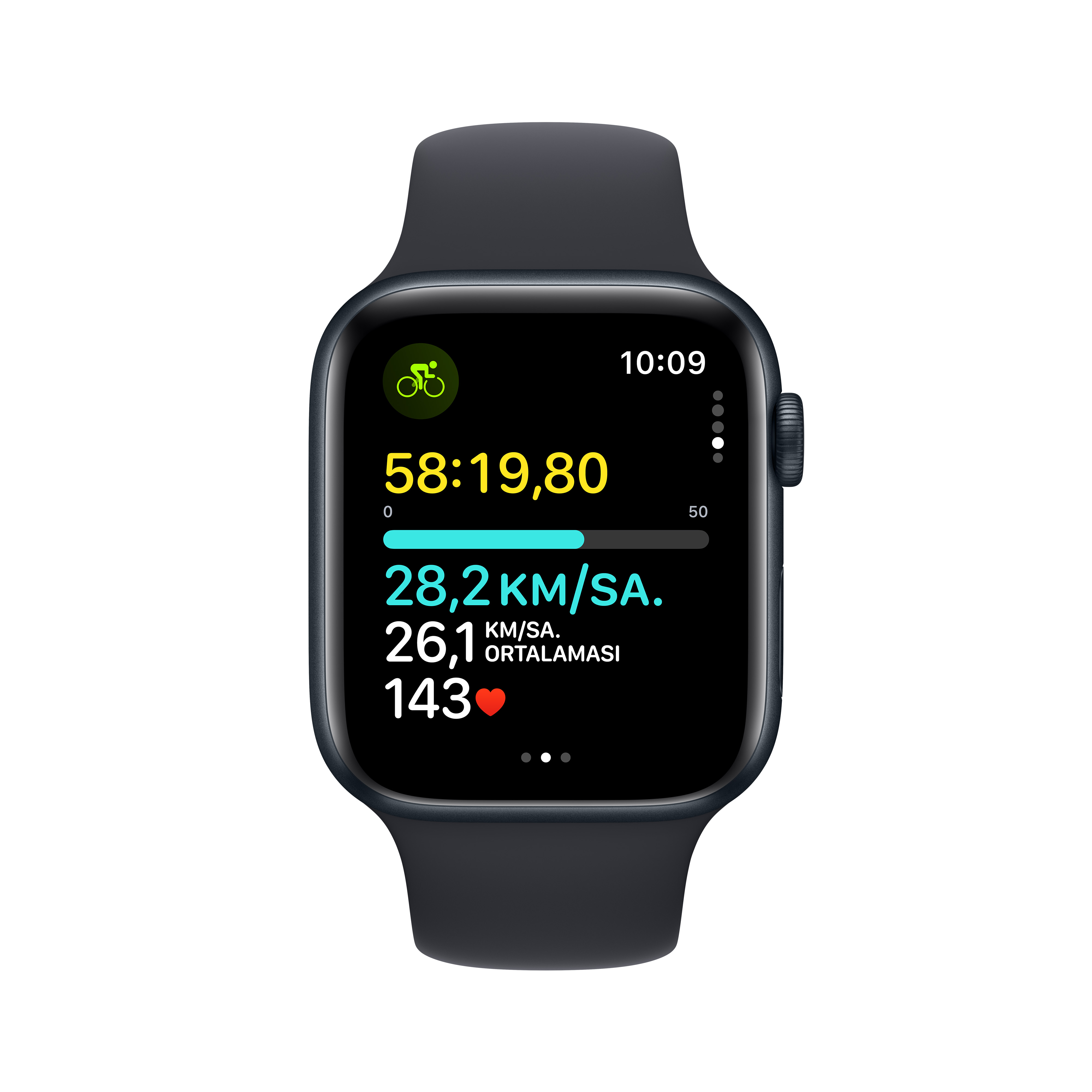 Apple Watch etkinlik istatistiklerini gösteriyor: zaman, mesafe, hız ve kalp atış hızı.