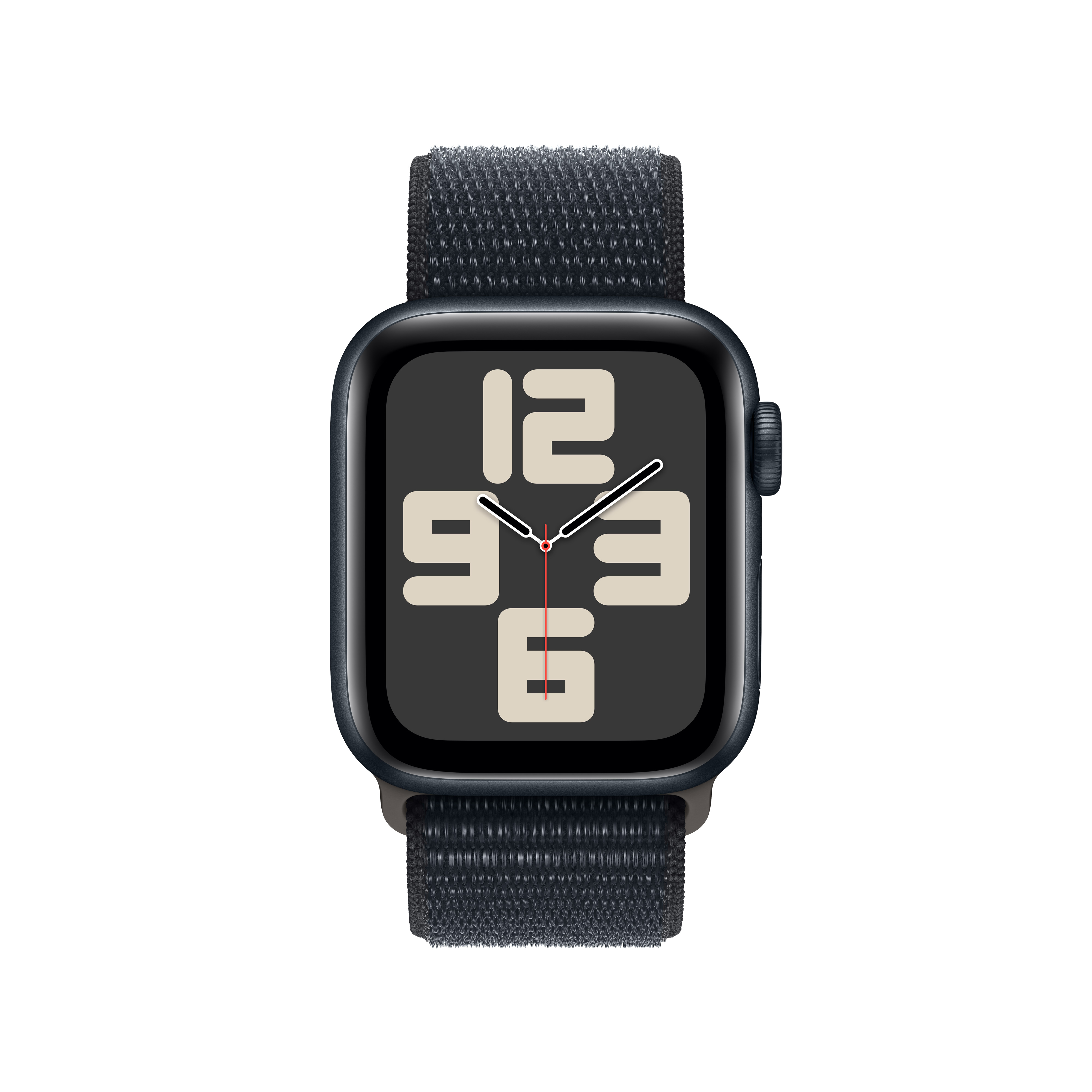 Koyu mavi kayışlı Apple Watch, siyah bir ekranda beyaz rakamlarla büyük bir dijital saat kadranı gösteriyor.