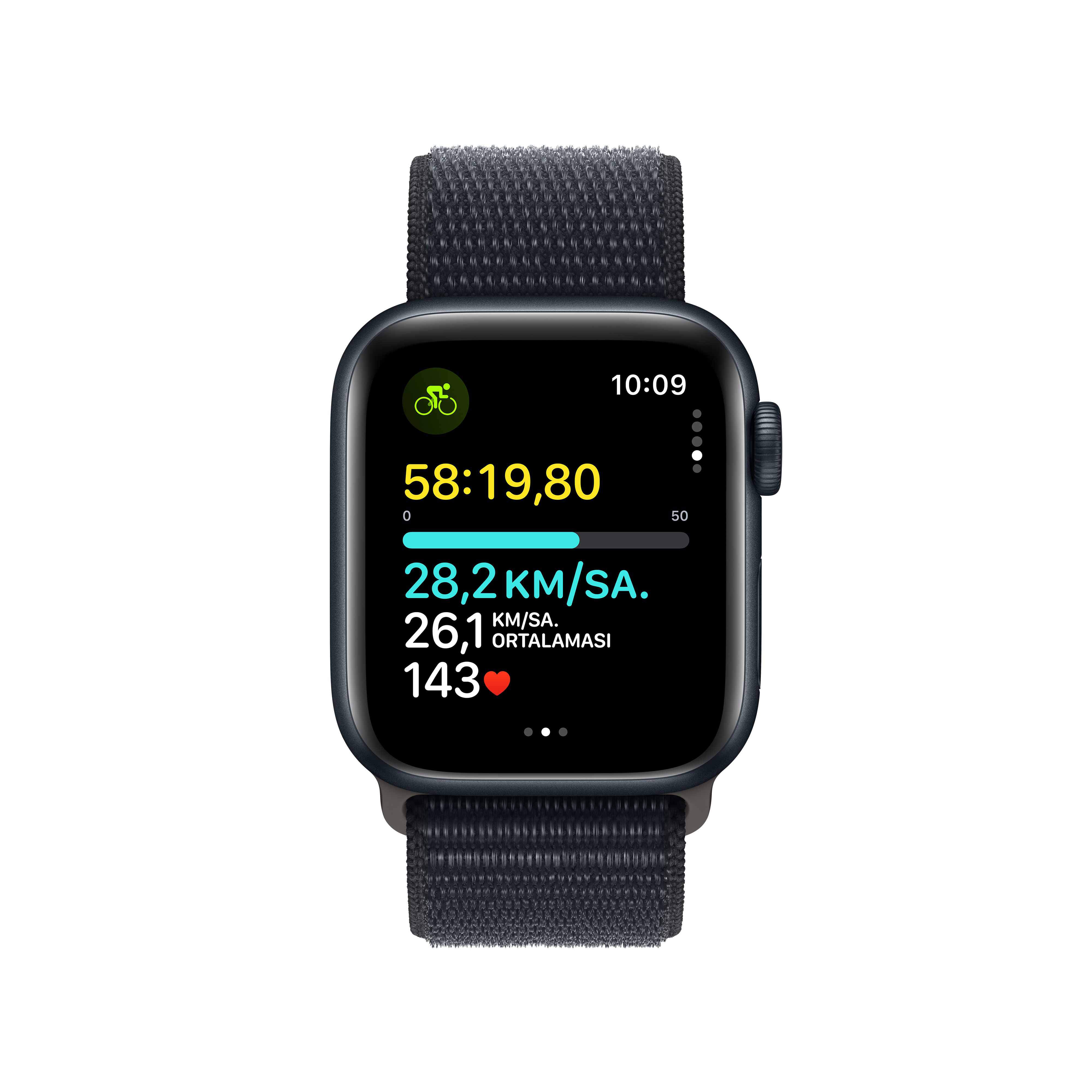 Siyah kayışlı Apple Watch, bisiklet istatistiklerini gösteriyor.