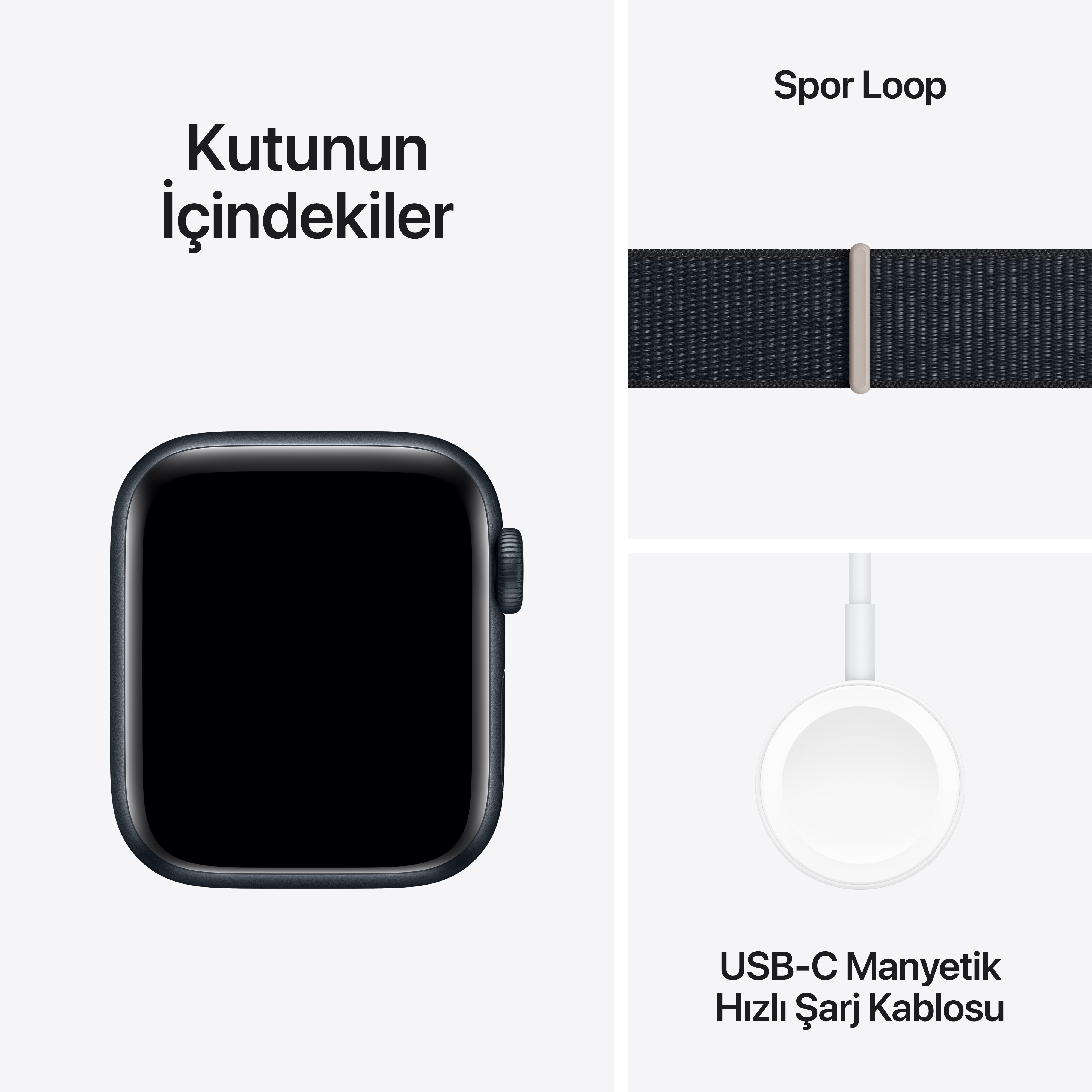 Beyaz arka plan üzerinde bir akıllı saat, Spor Döngü kayışı ve USB-C manyetik şarj kablosu.