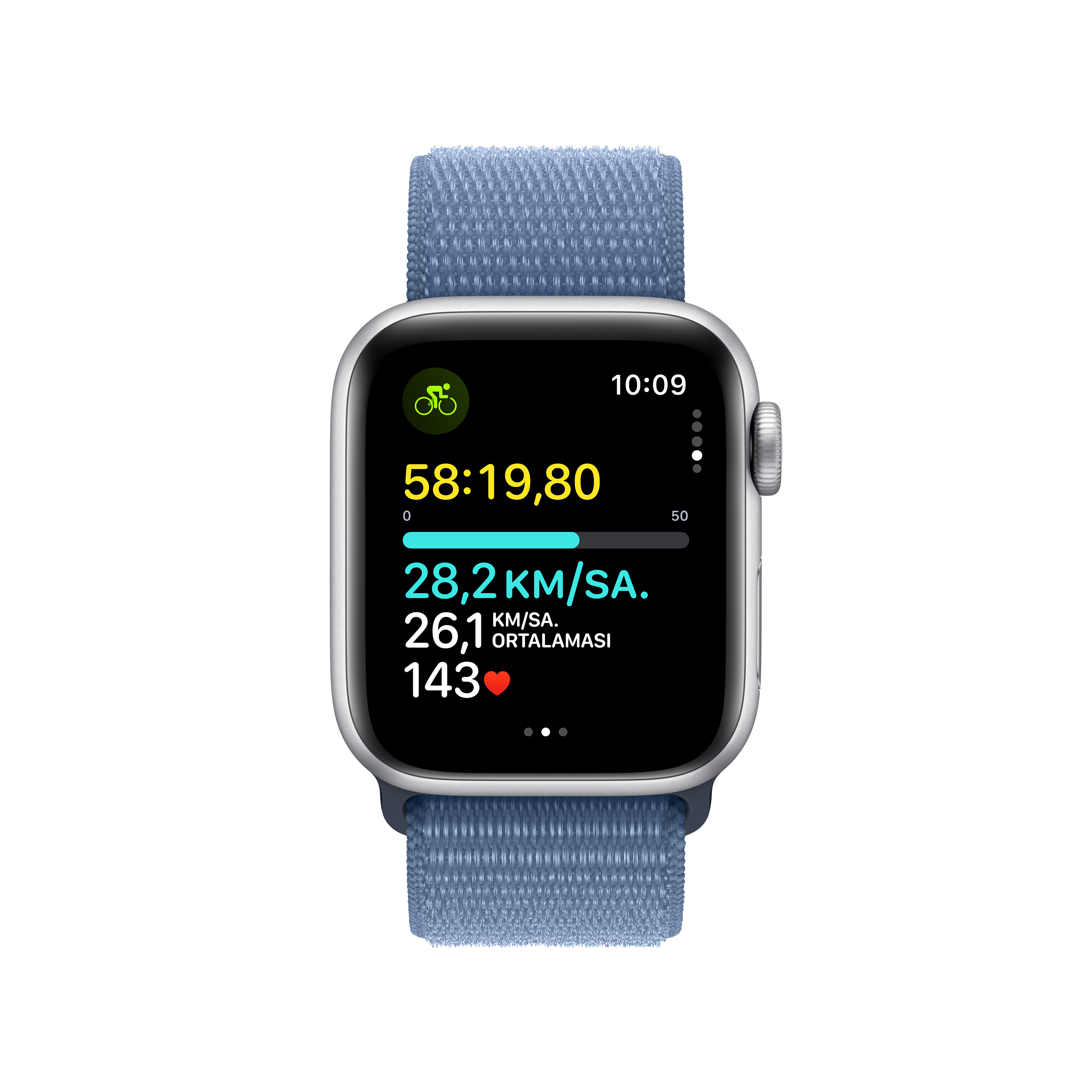 Mavi kayışlı Apple Watch. Zaman, kalp atış hızı, mesafe ve tempo gibi aktivite verilerini gösterir.