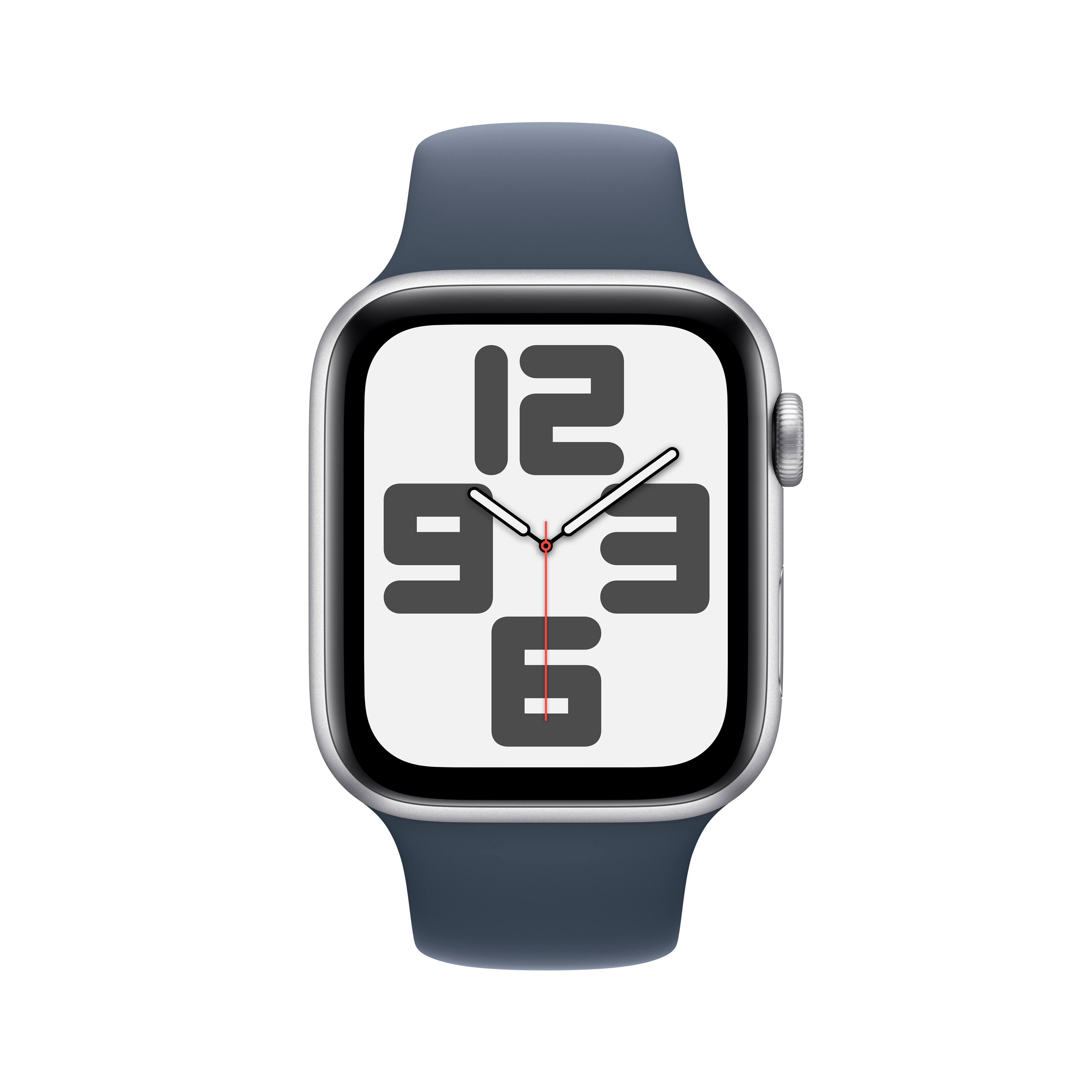 Mavi kayışlı, beyaz kadranlı ve siyah rakamlı gümüş Apple Watch.