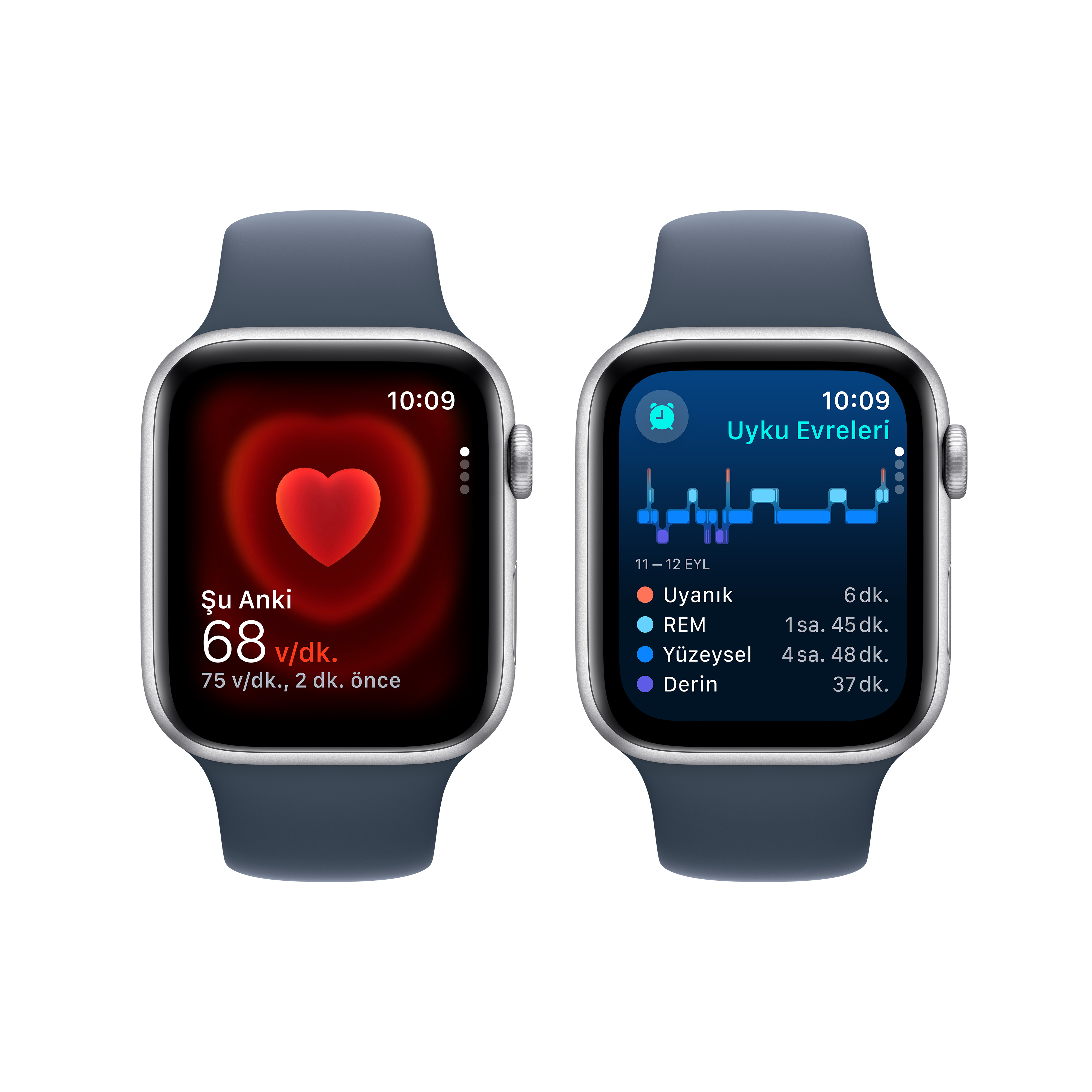 İki Apple Watch. Biri kalp atış hızını, diğeri uyku evrelerini gösteriyor. Mavi saat kayışları.
