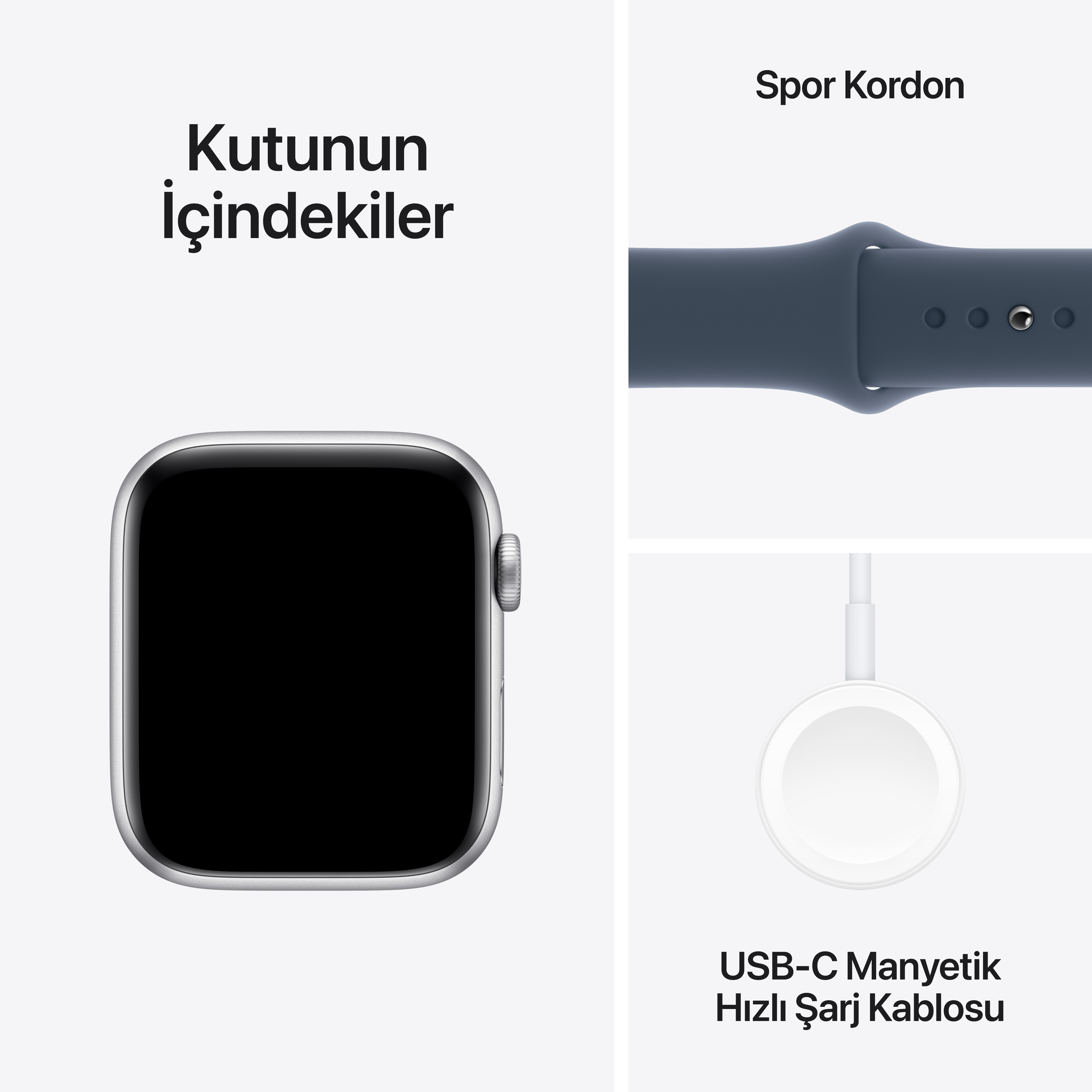 Apple Watch, beyaz bir arka plan üzerinde spor kordon ve şarj kablosu ile, Türkçe metinle.