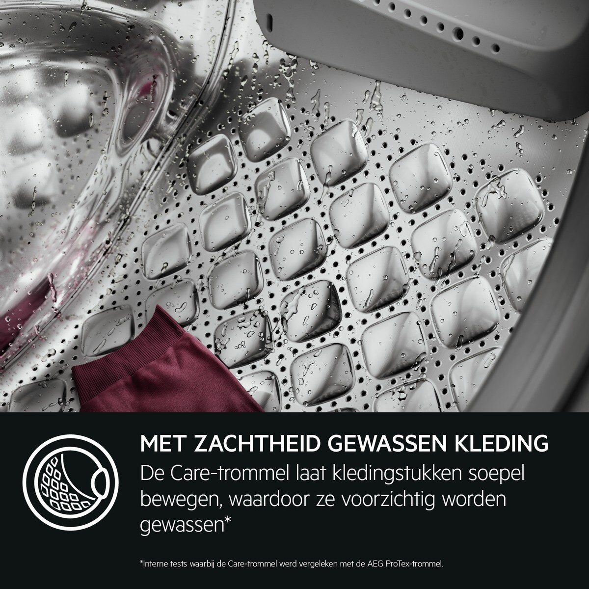 Close-up of a washing machine drum with a burgundy garment. Text: Clothes washed with softness.