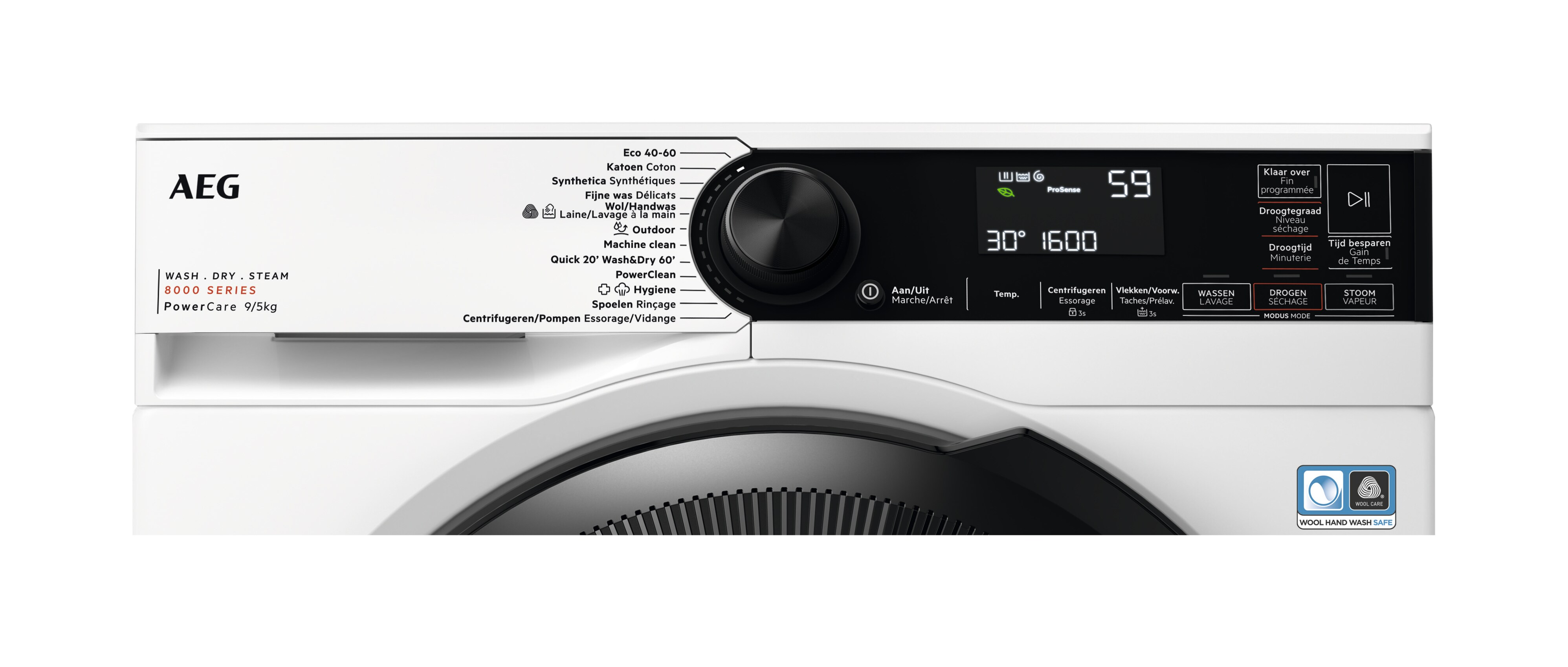 Washing machine control panel. Text in multiple languages. White background.