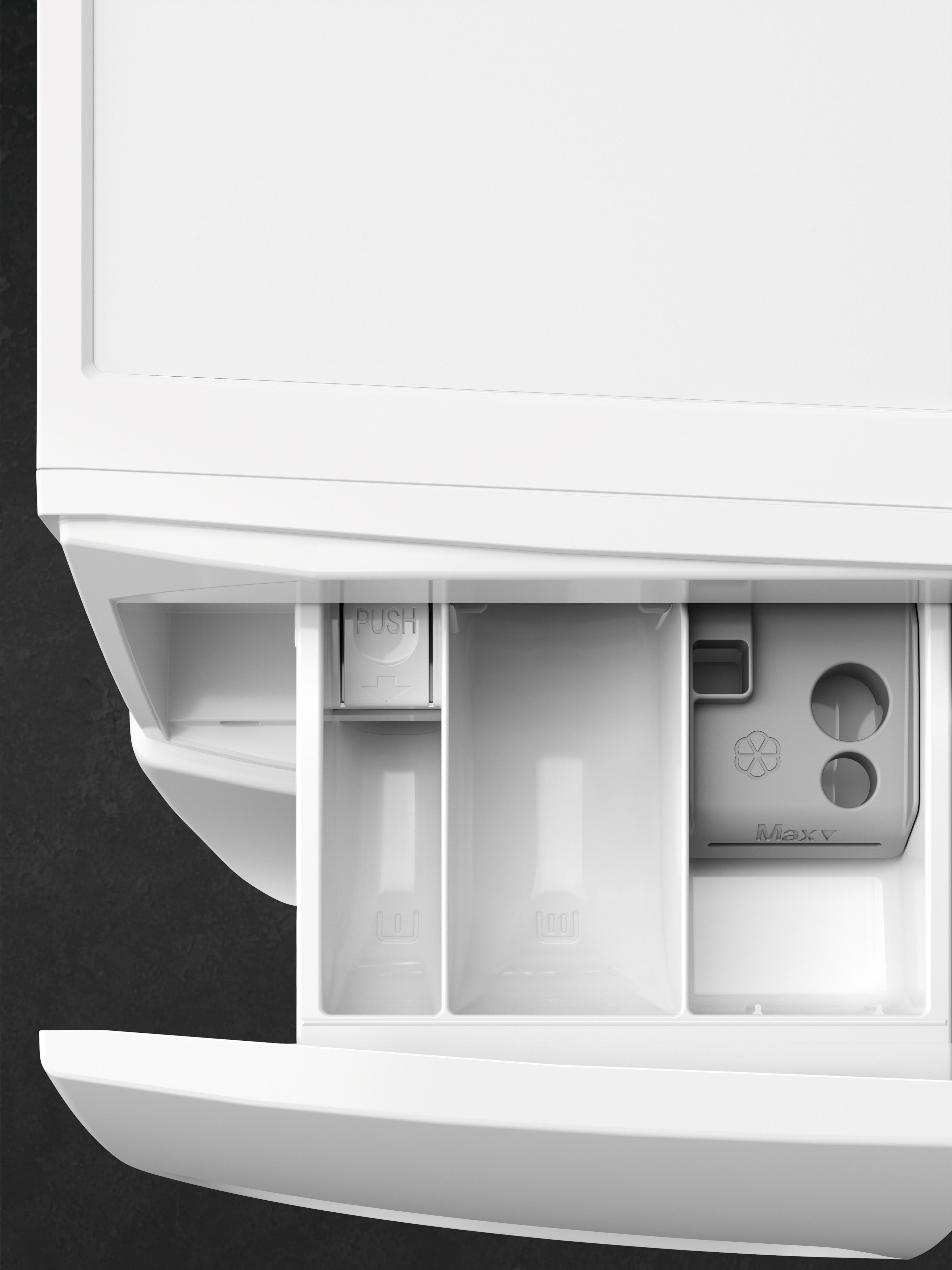 Washing machine detergent drawer, showing compartments for different detergents.