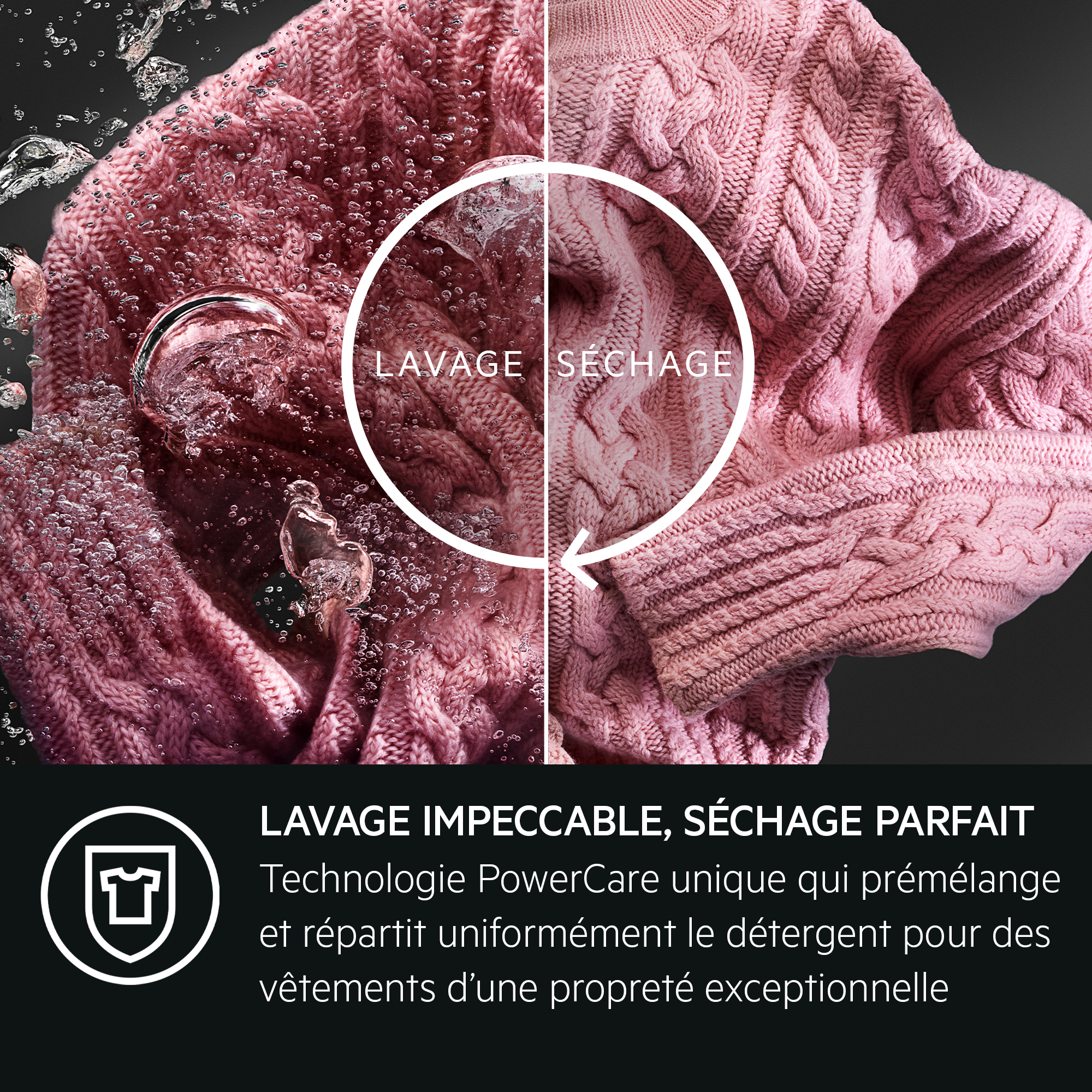 L'image montre un pull rose lavé et séché, avec du texte et de l'eau.