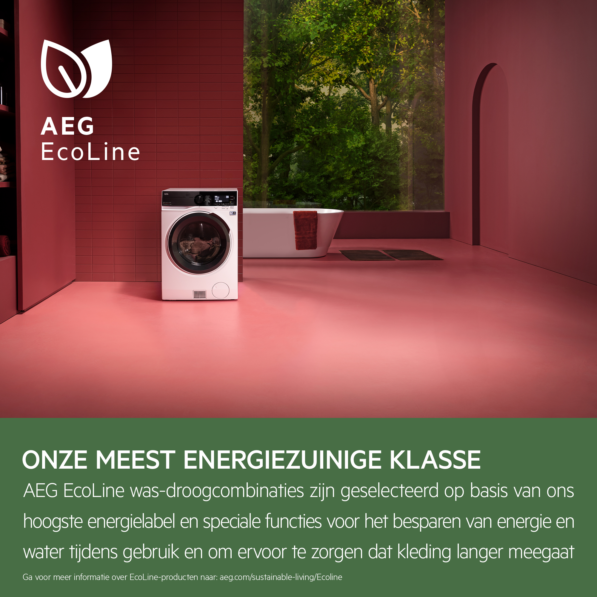 Washing machine in a room. Red wall, wood floor, and a window with trees are visible.