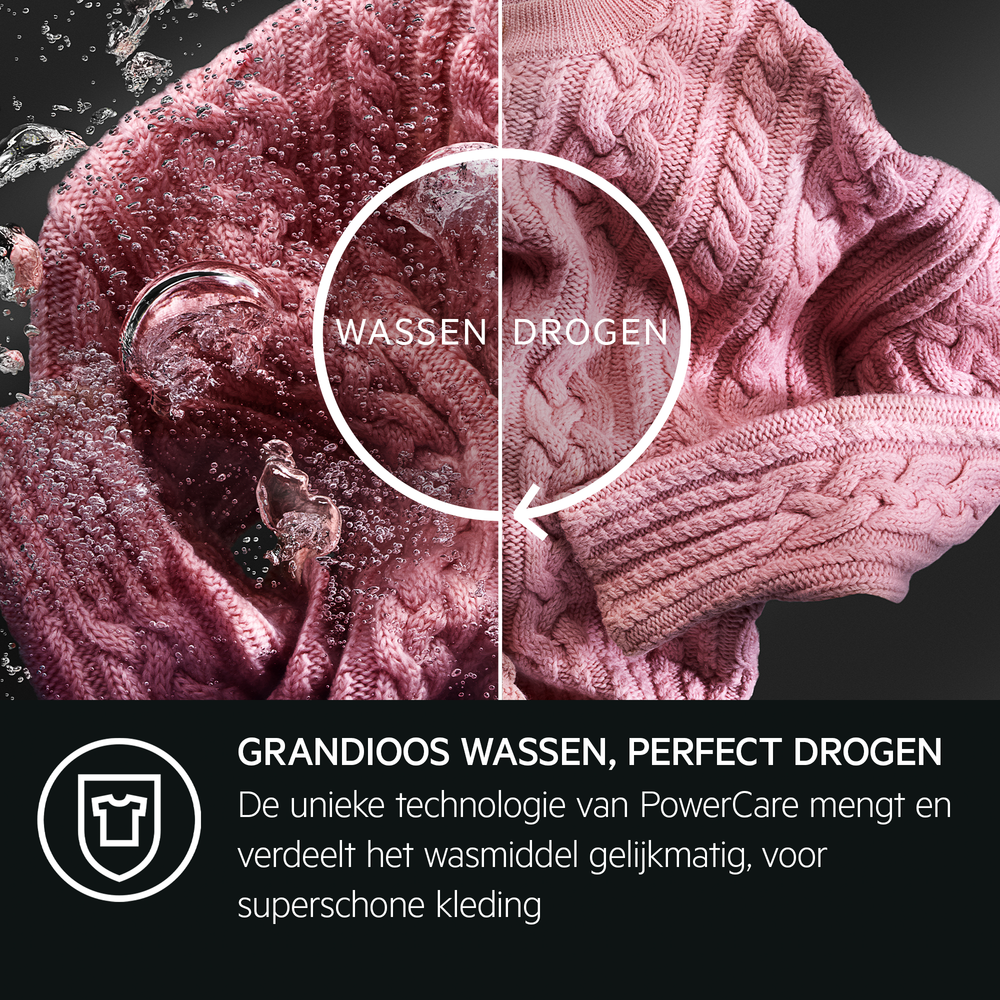 Image split in two showing a washing machine's wash and dry. Text says washing and drying.