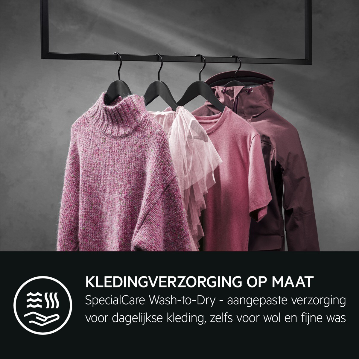 Clothes on hangers with text about laundry care, including a logo on a grey background.