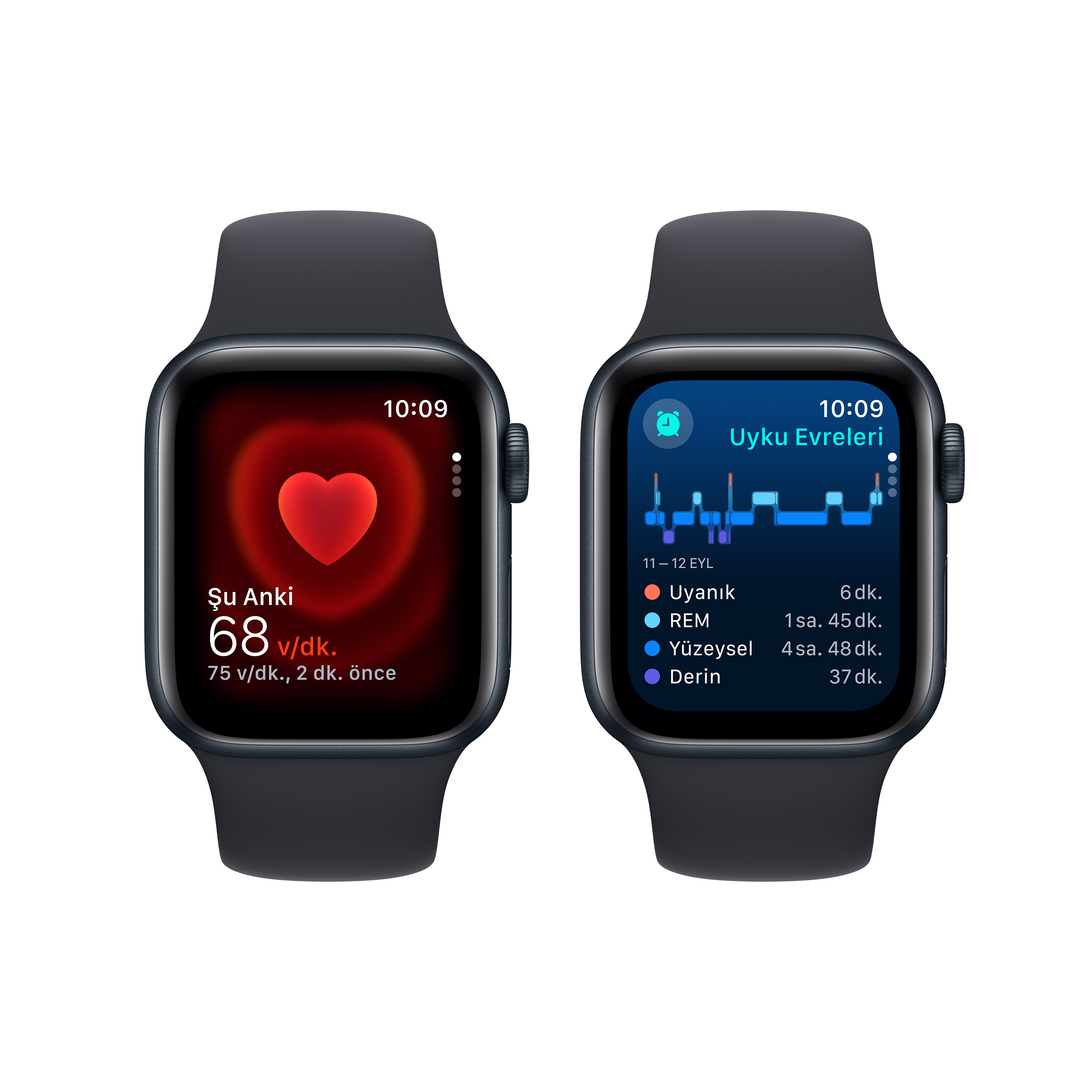 Beyaz zemin üzerinde iki Apple Watch, kalp atış hızı ve uyku verilerini gösteriyor. Kalp simgesi ve uyku evreleri gösterilir.