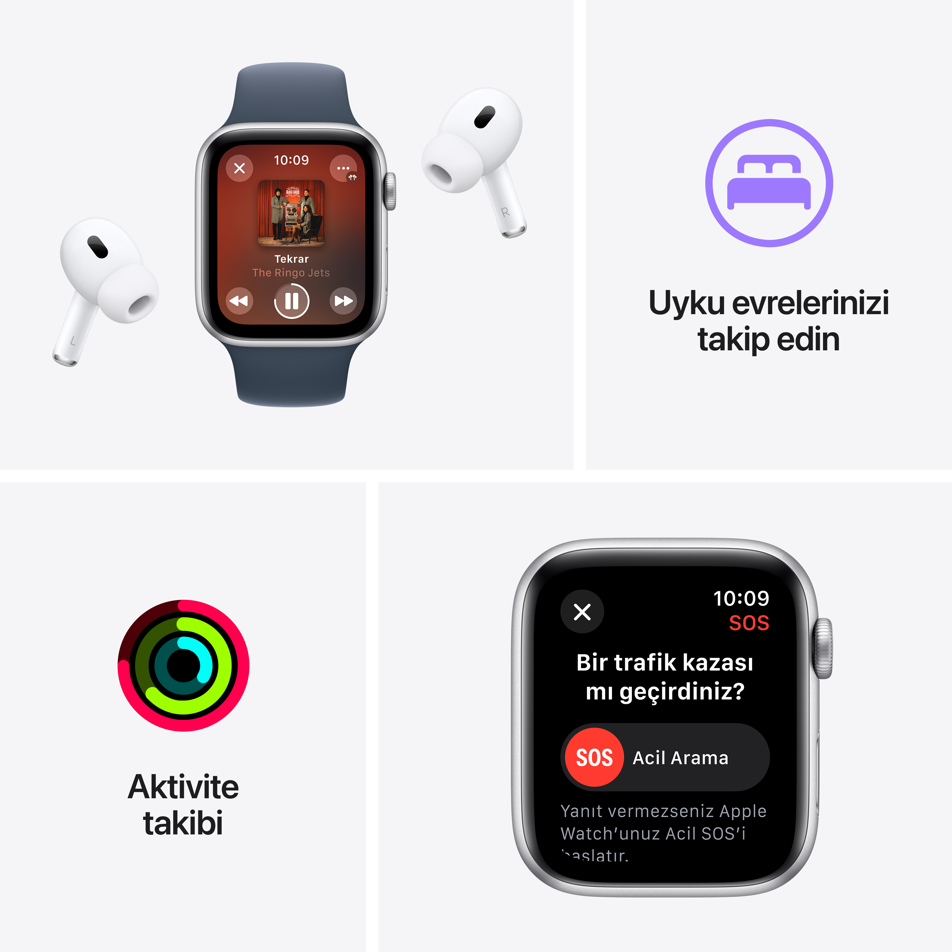 Müzik, sağlık ve SOS özelliklerini gösteren Apple Watch. İki beyaz kulaklık da mevcut.