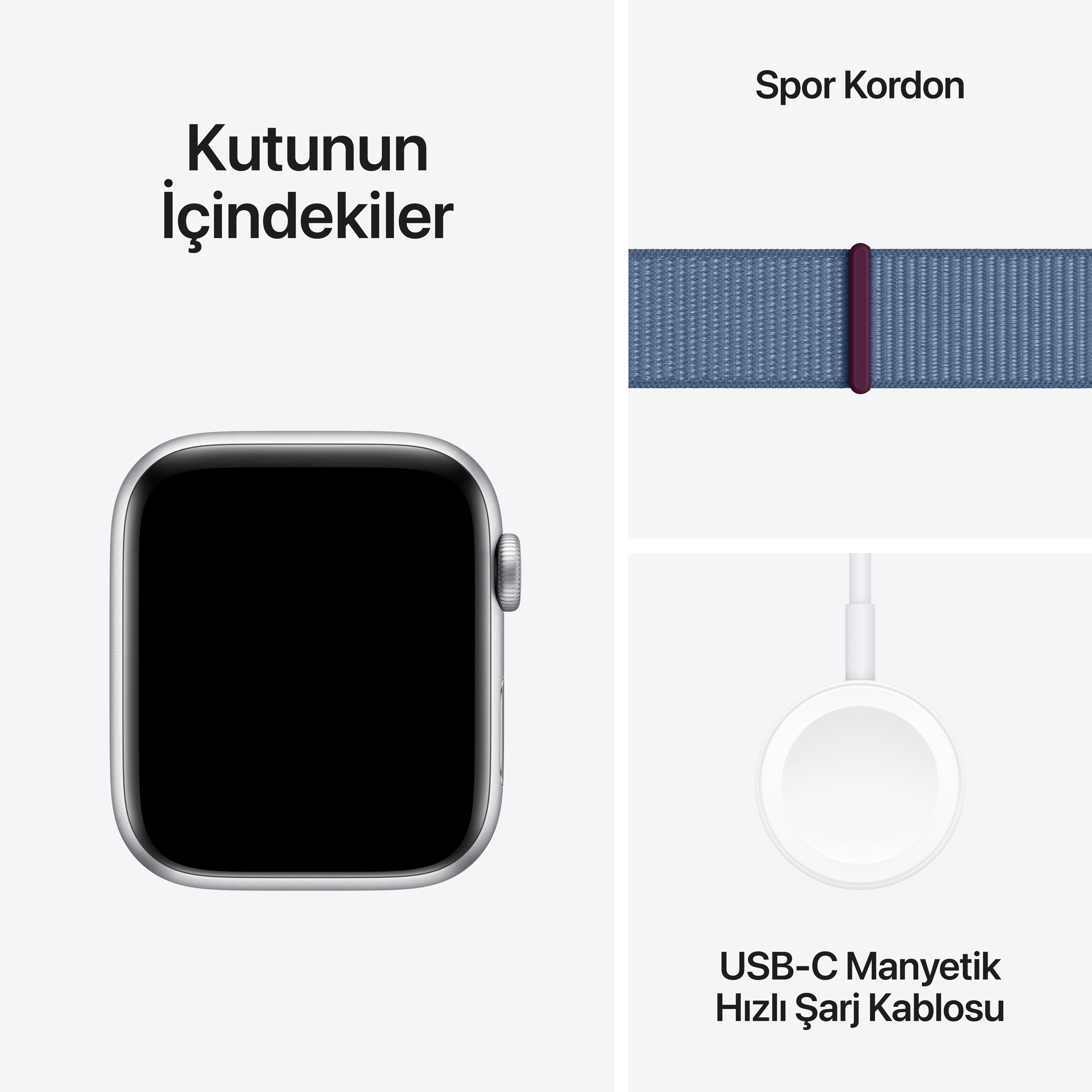 Görüntüde bir Apple Watch, kayış ve şarj kablosu görülüyor.