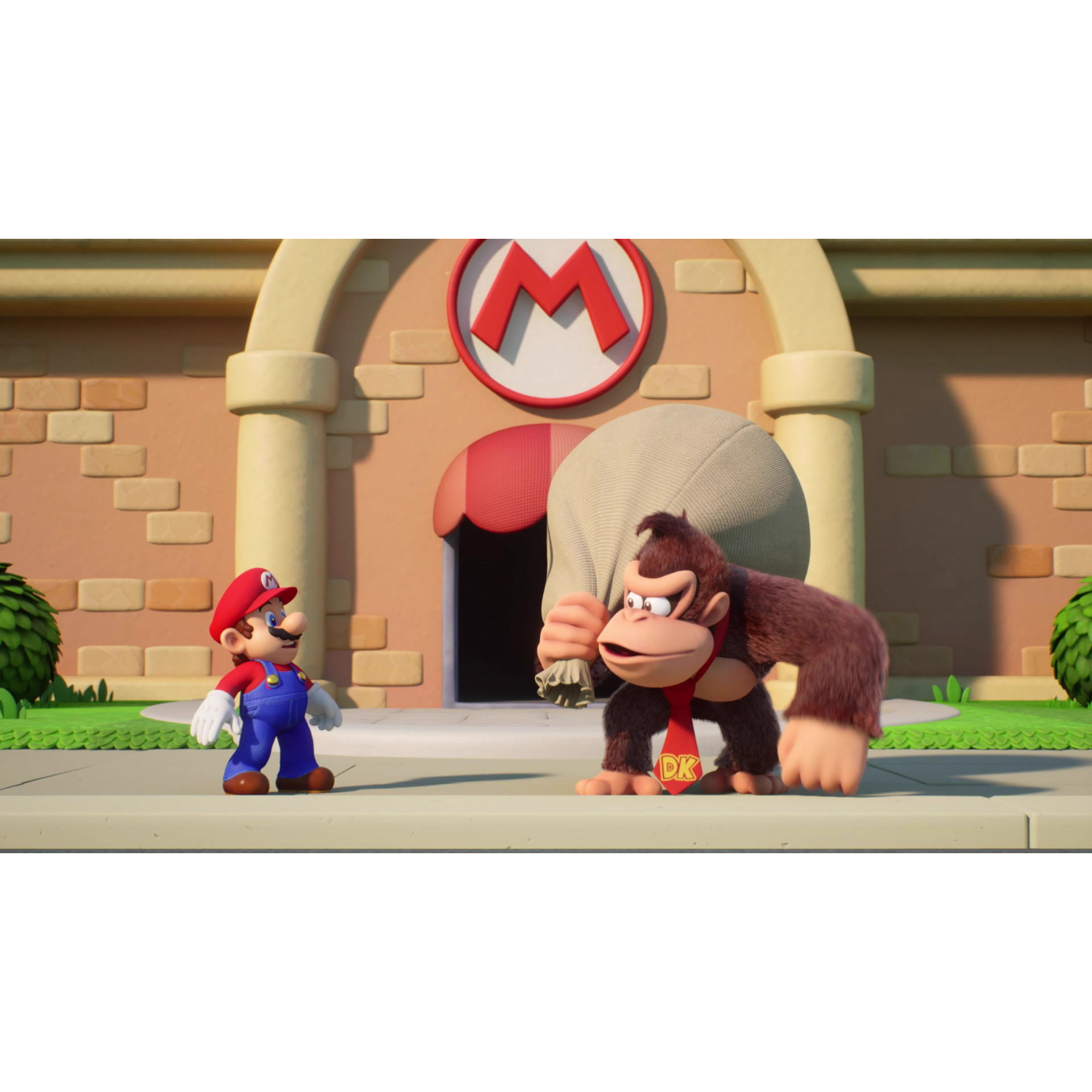 Mario en Donkey Kong voor een gebouw.