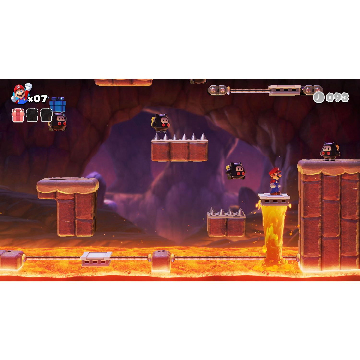 Schermafbeelding van een videogame, een personage springt over lava, met vijanden.
