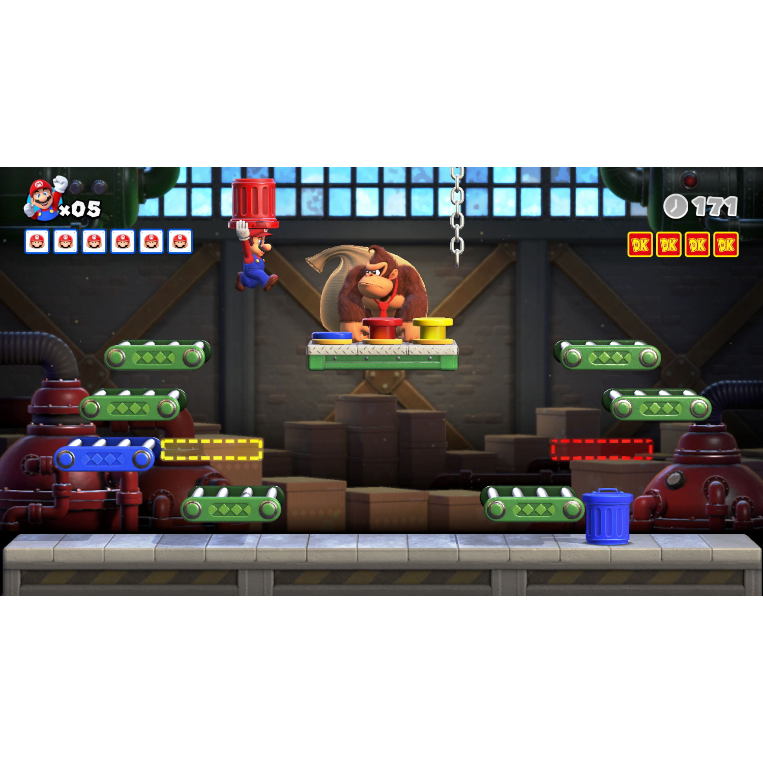 Een videogame-scène met Mario die springt, Donkey Kong op een platform en game-elementen.