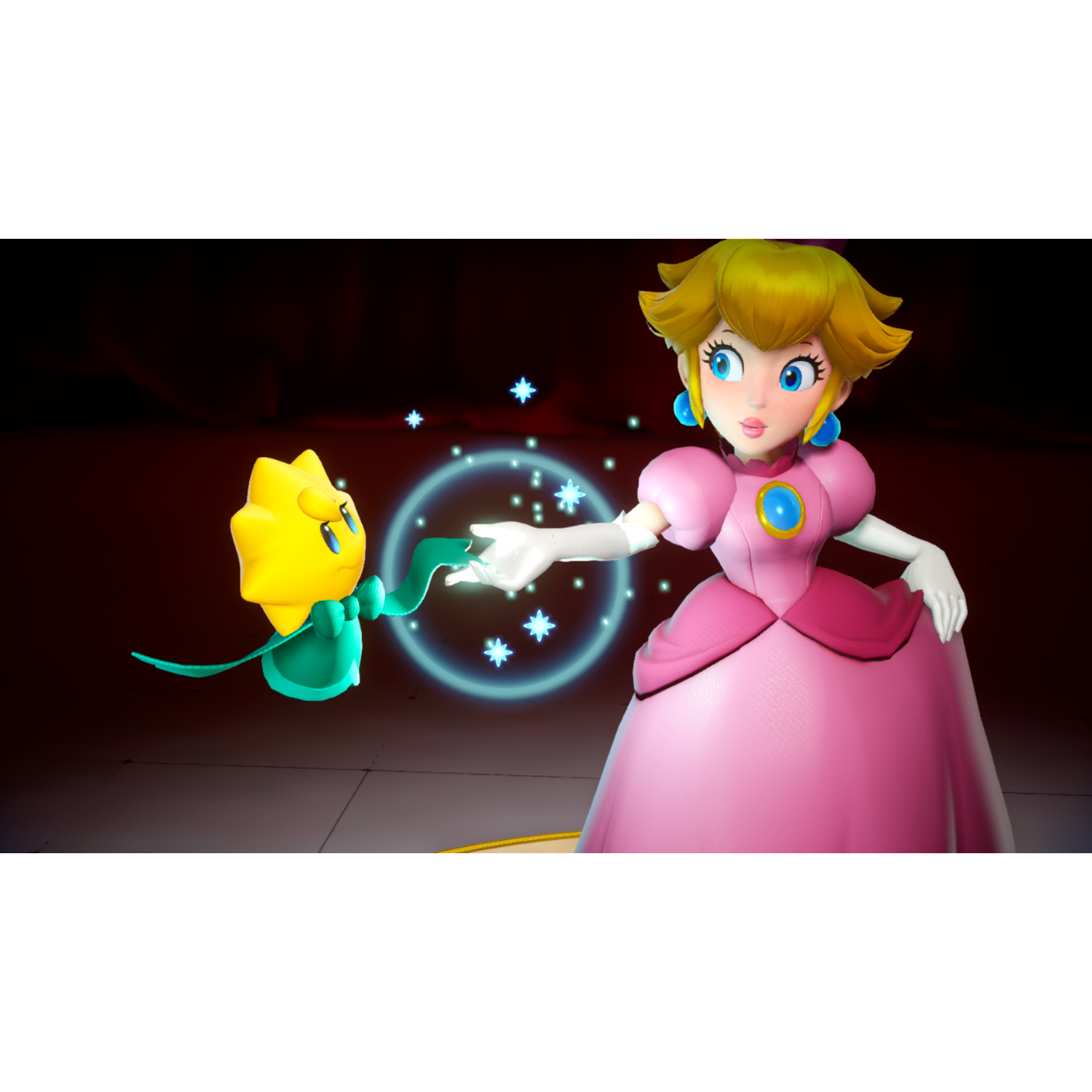 Prinses Peach in een roze jurk interacteert met een gele bloem met blauwe lichteffecten.