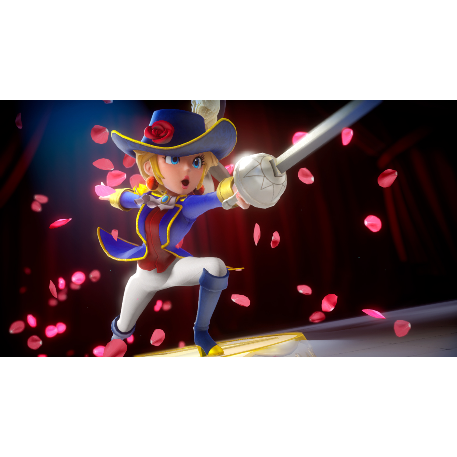 Een cartoonillustratie van een vrouw in kostuum met een zwaard, omringd door vallende roze rozenblaadjes.