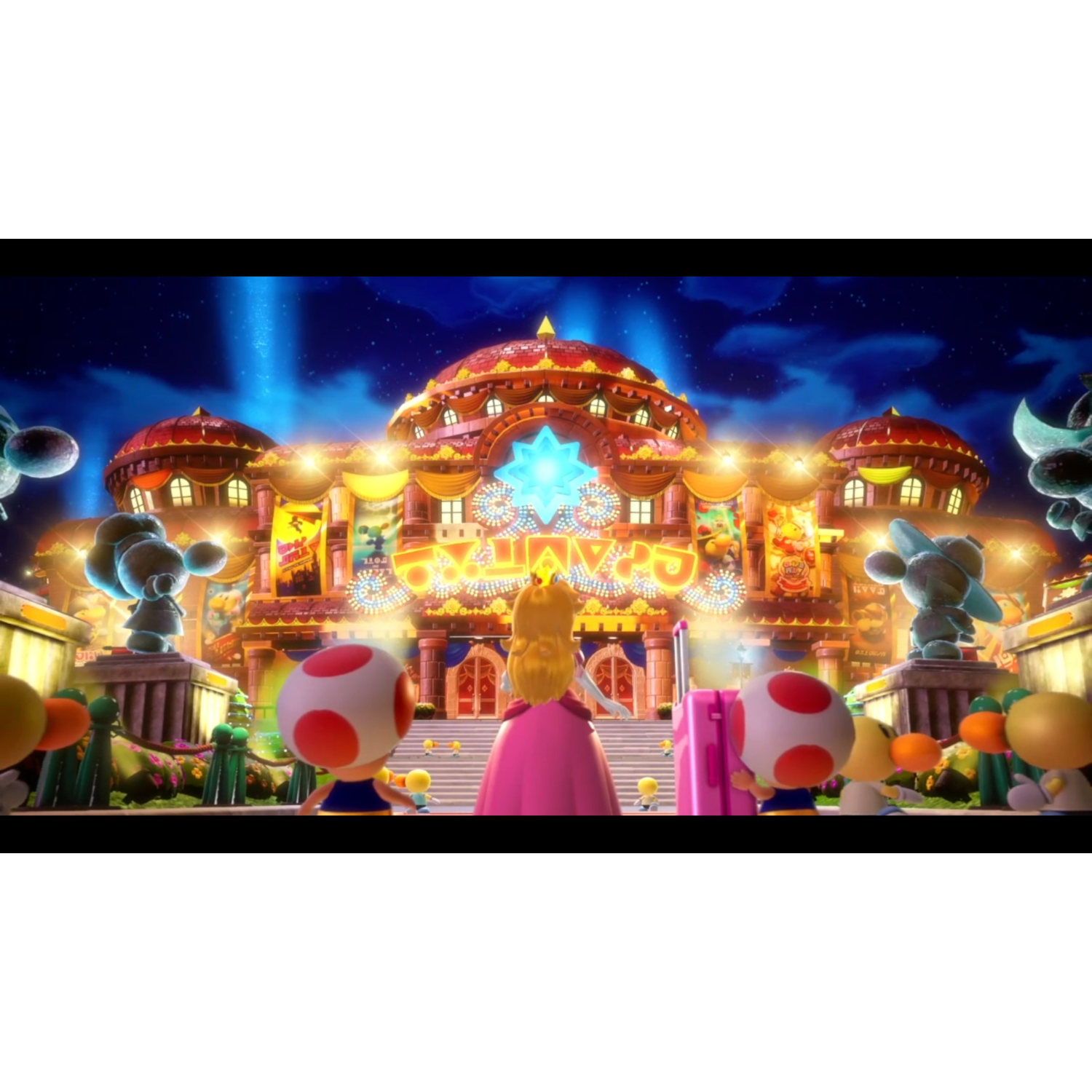 Mario-thema podium met Princess Peach, Toad-figuren en een feestelijke achtergrond.