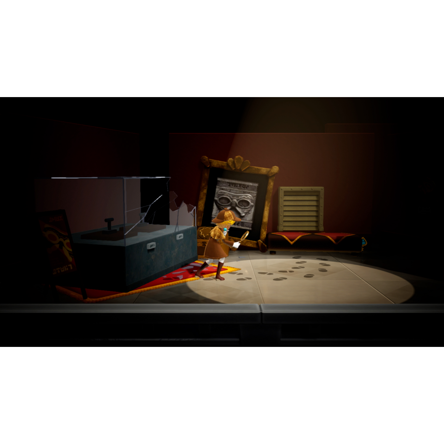 Een detective onderzoekt een plaats delict met een kapotte glazen vitrine en een ingelijste foto.