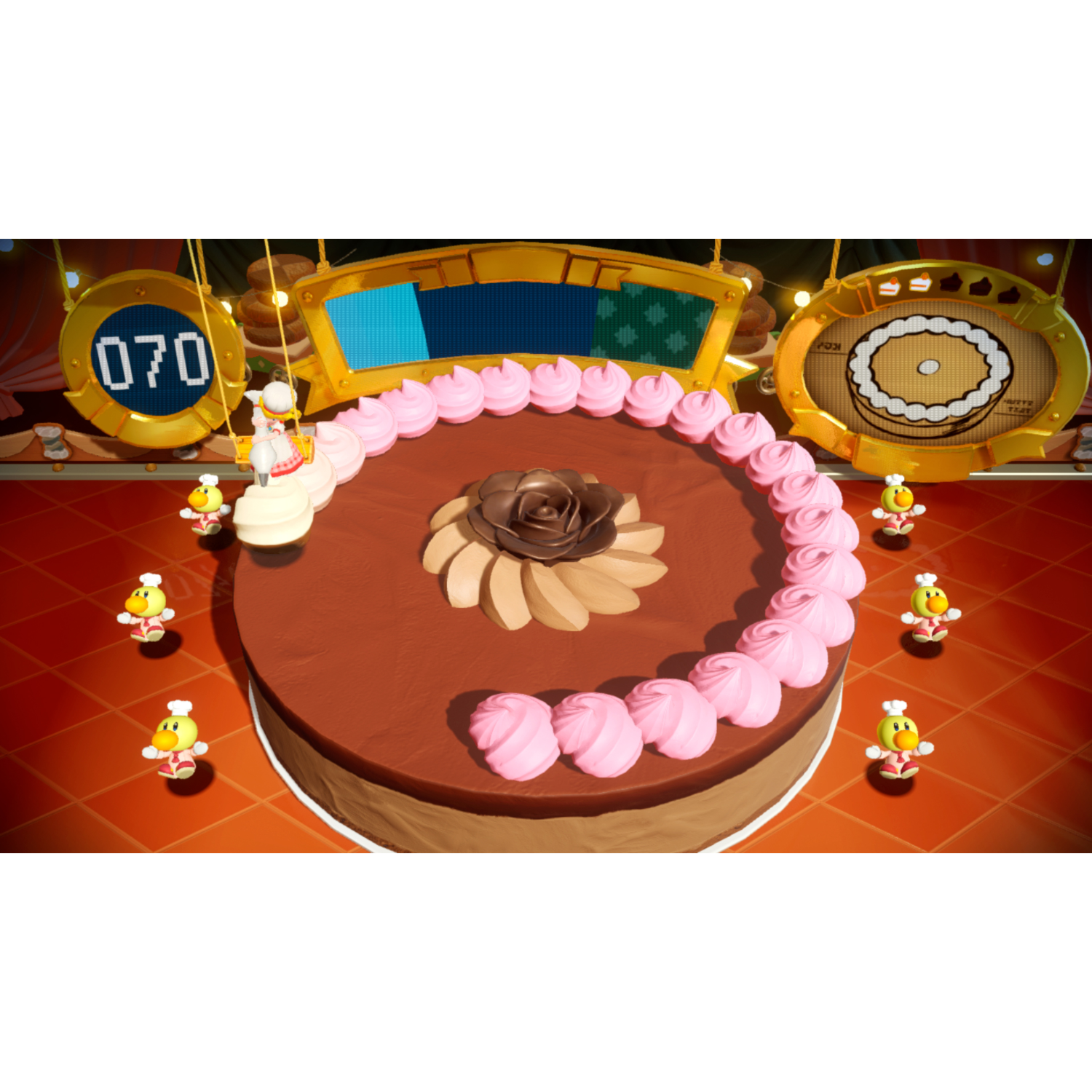 Een chocoladetaart met roze glazuur en kleine personages eromheen.