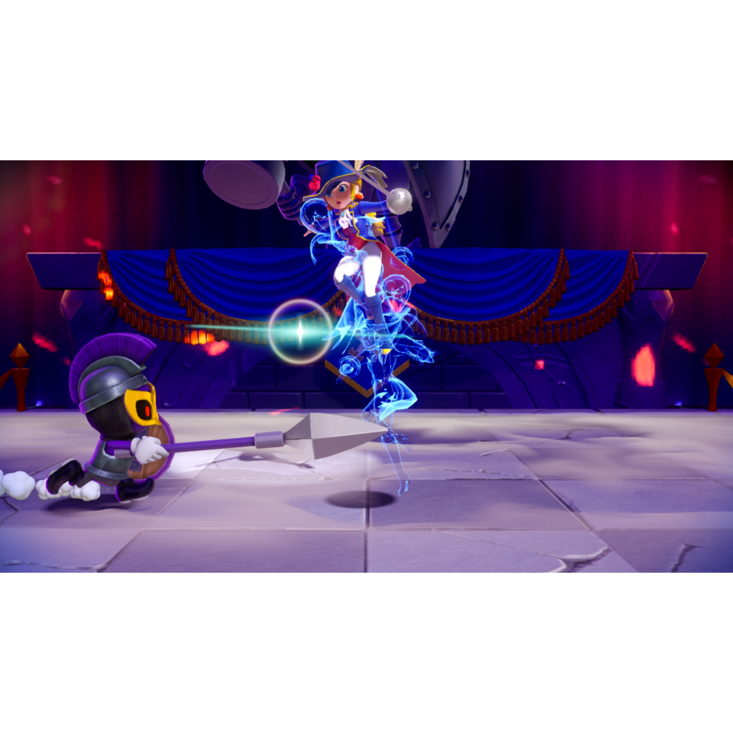 Een stripfiguur springt, met een ridder die naar hem kijkt.