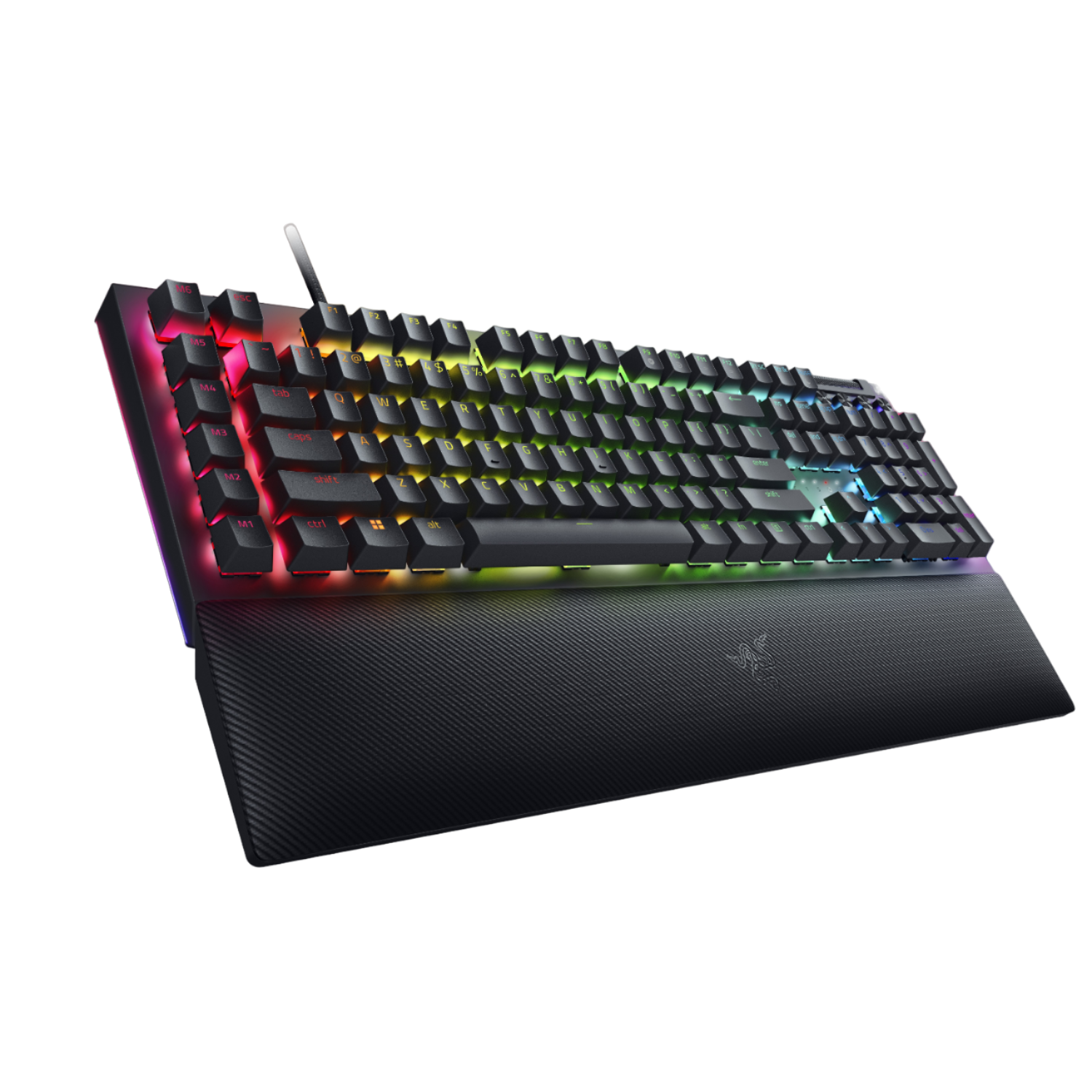 Een zwart Razer-toetsenbord met kleurrijke, verlichte toetsen en een polssteun.