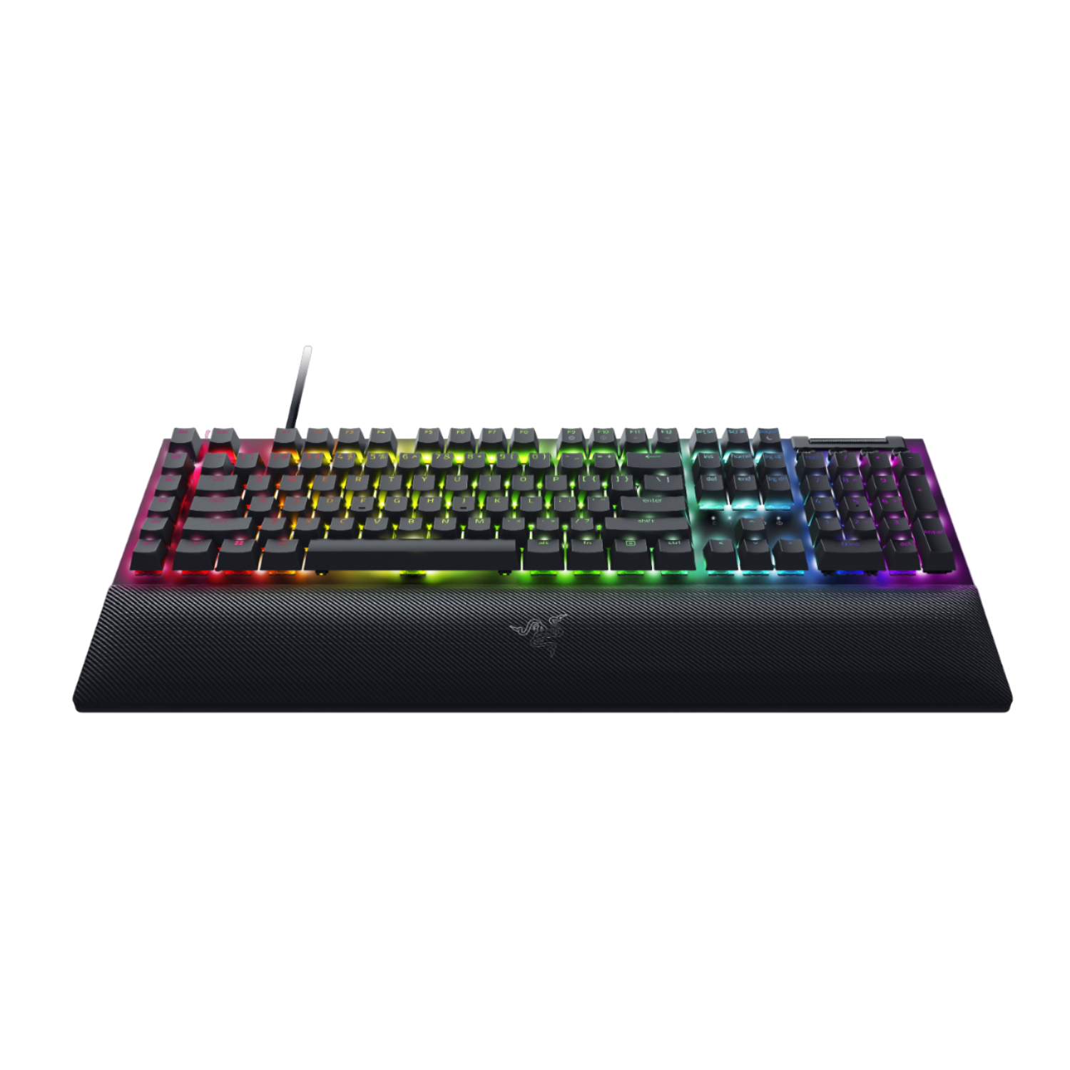 Een zwart gamingtoetsenbord met kleurrijke LED-verlichting. Het staat tegen een zwarte achtergrond.