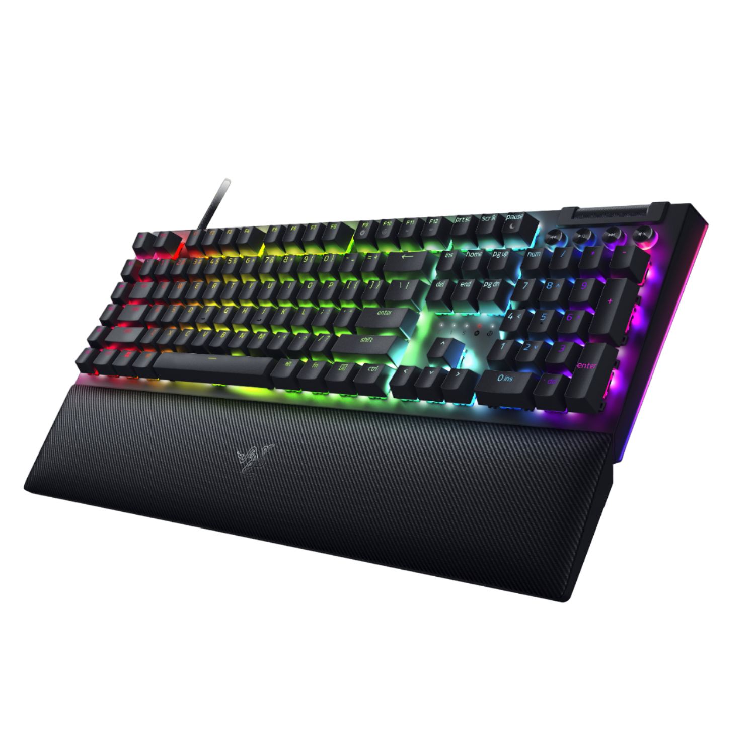 RGB-verlicht toetsenbord op zwart oppervlak, met polssteun, schuine weergave.