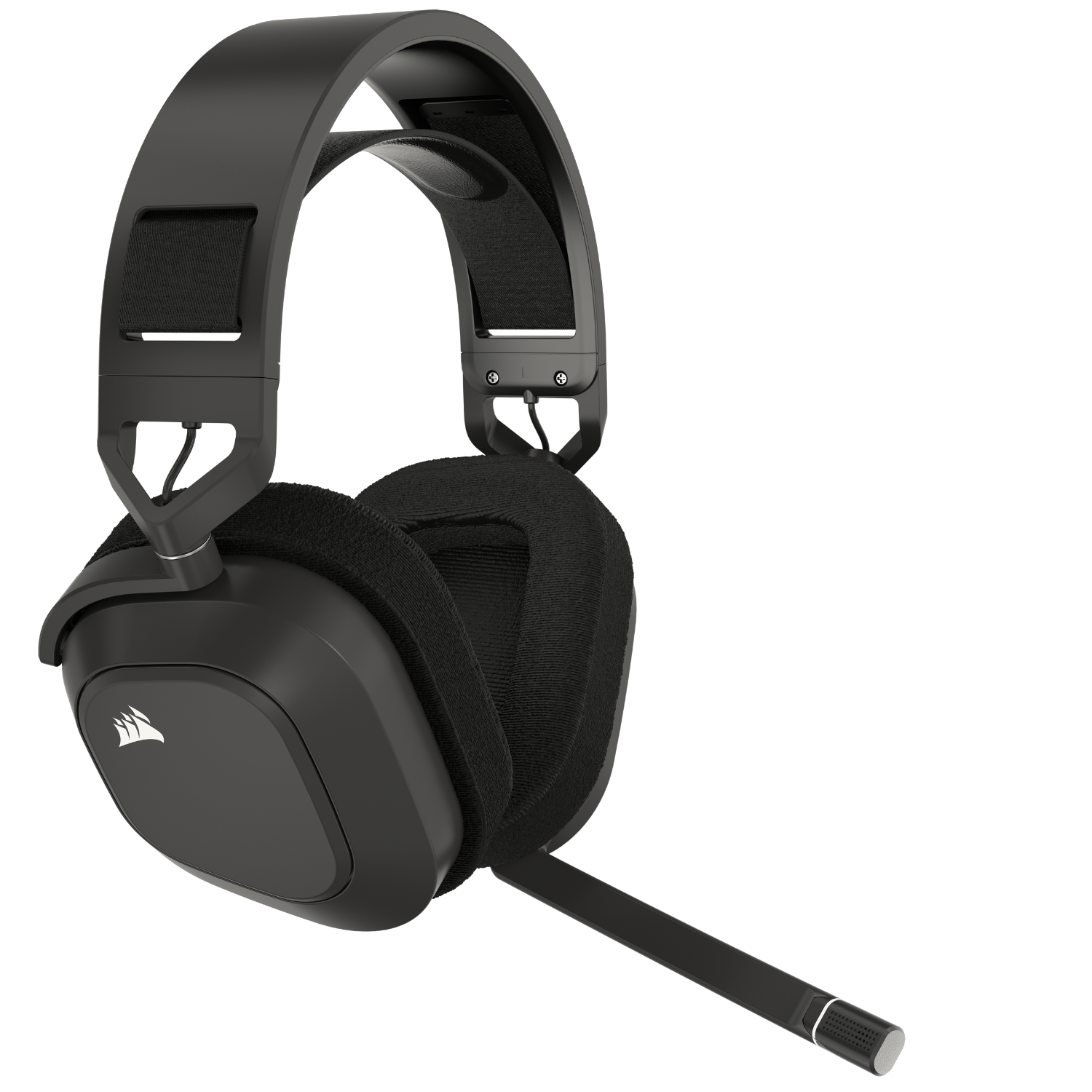 Black Corsair gaming headset, angled, against a black background.