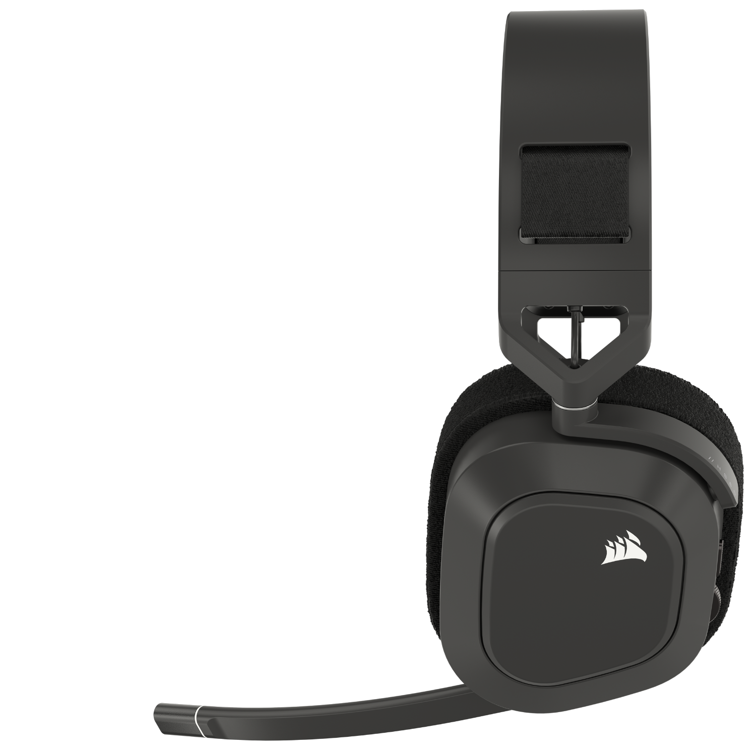 Black Corsair headset with a microphone, on a black background. The brand logo is visible.