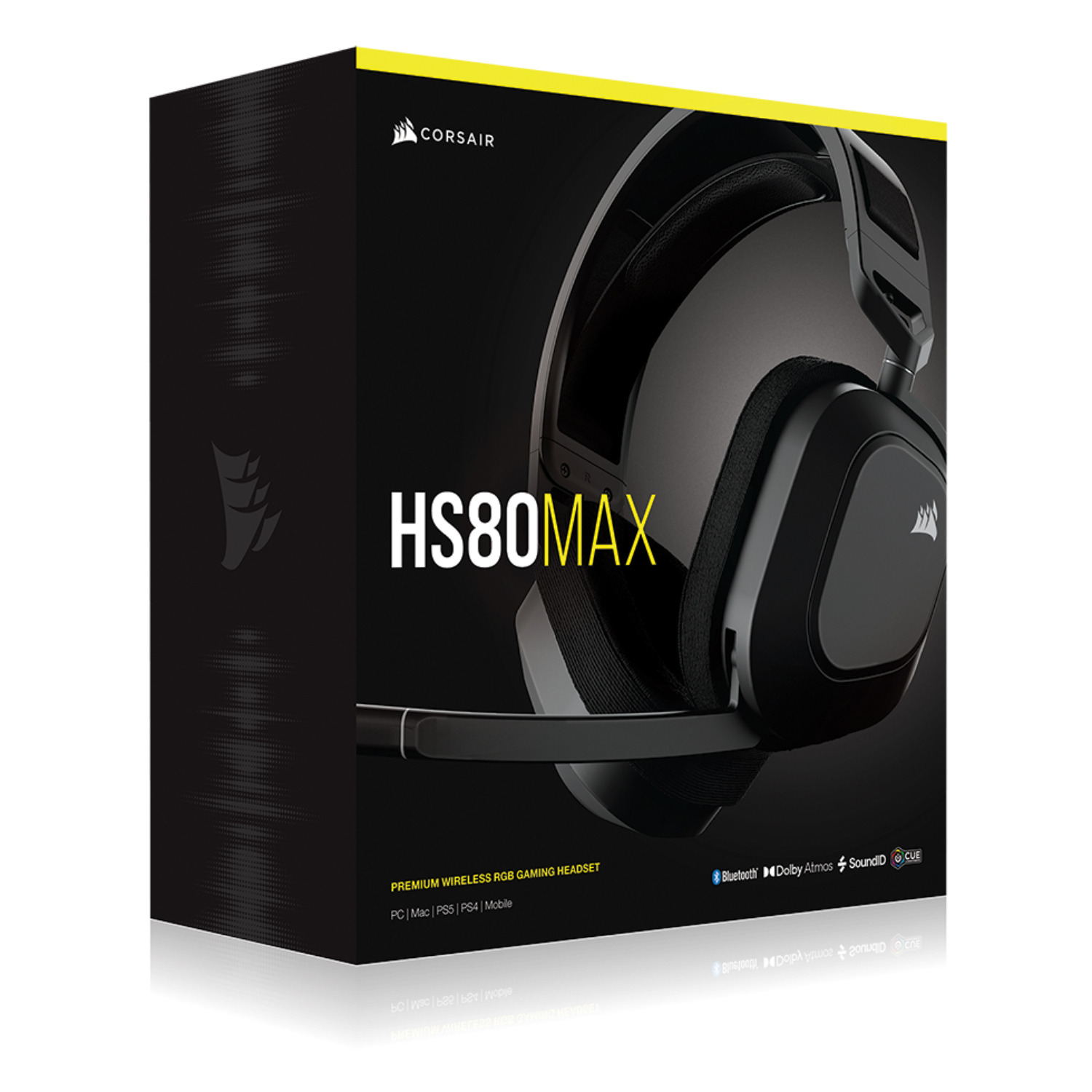 Black and red Corsair HS80 MAX gaming headset box. The headset is pictured on the box with text.