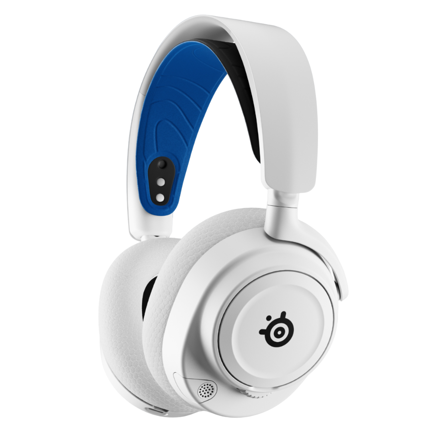 White and blue headset. The headband is blue.
