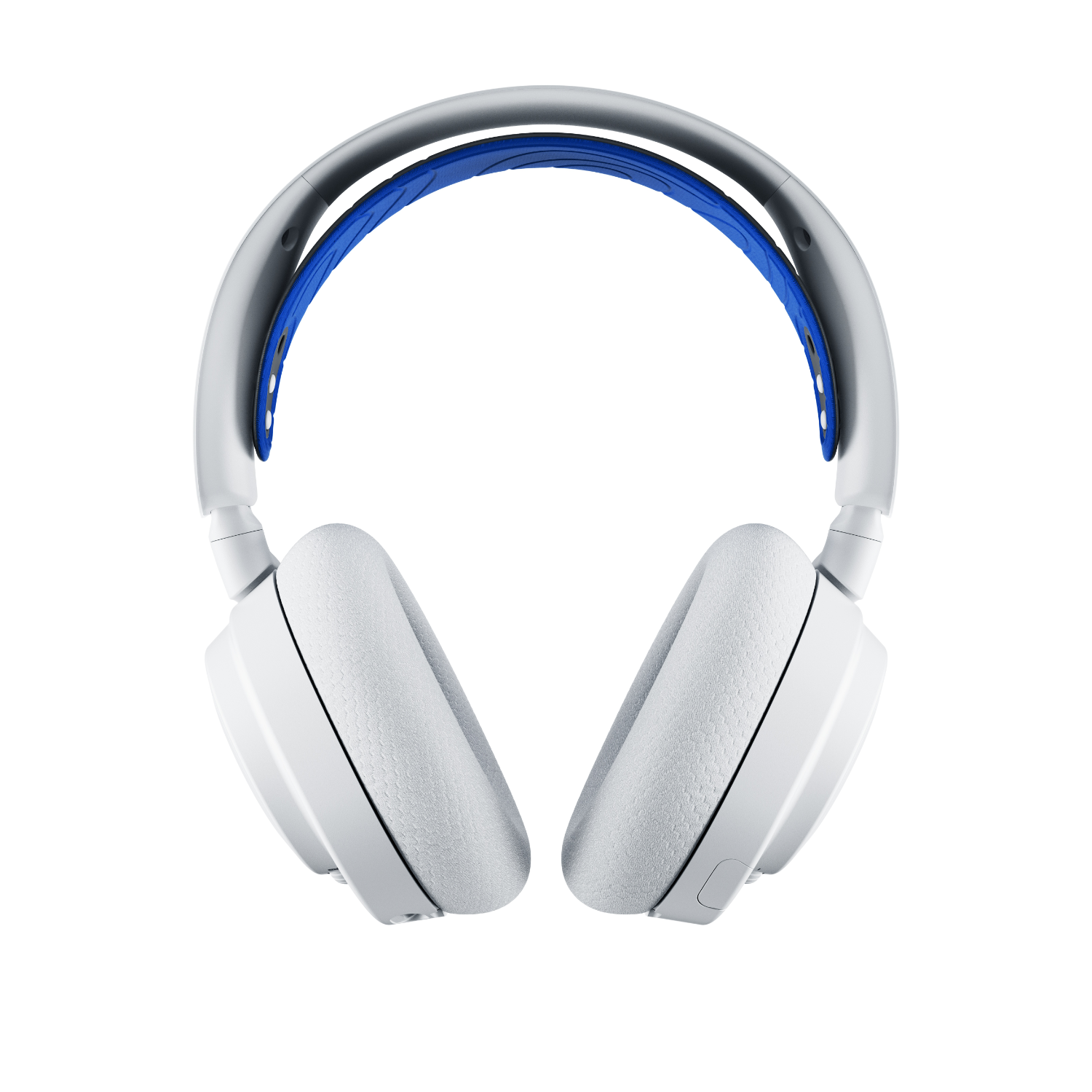 White headphones with a blue band. White background.
