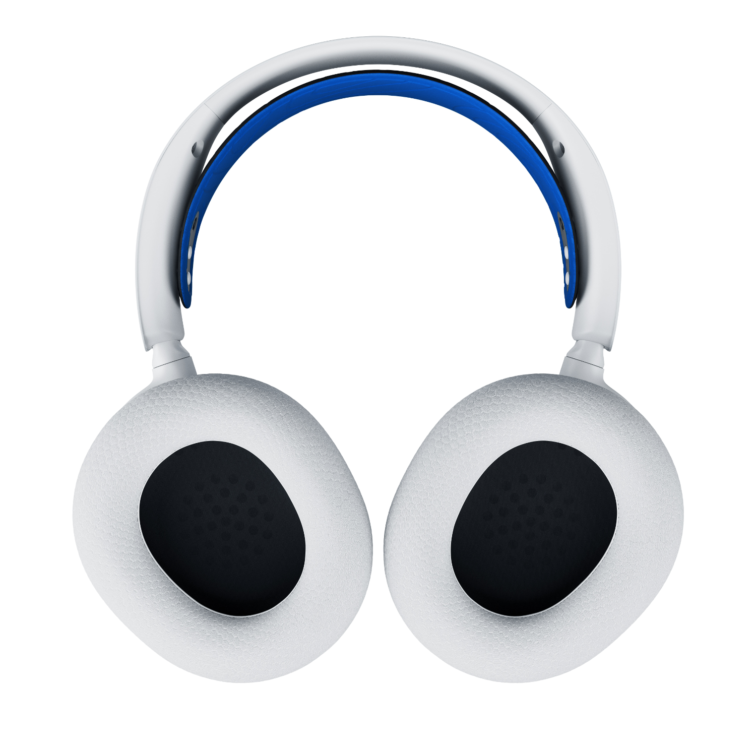 White headphones with blue headband and black earcups.