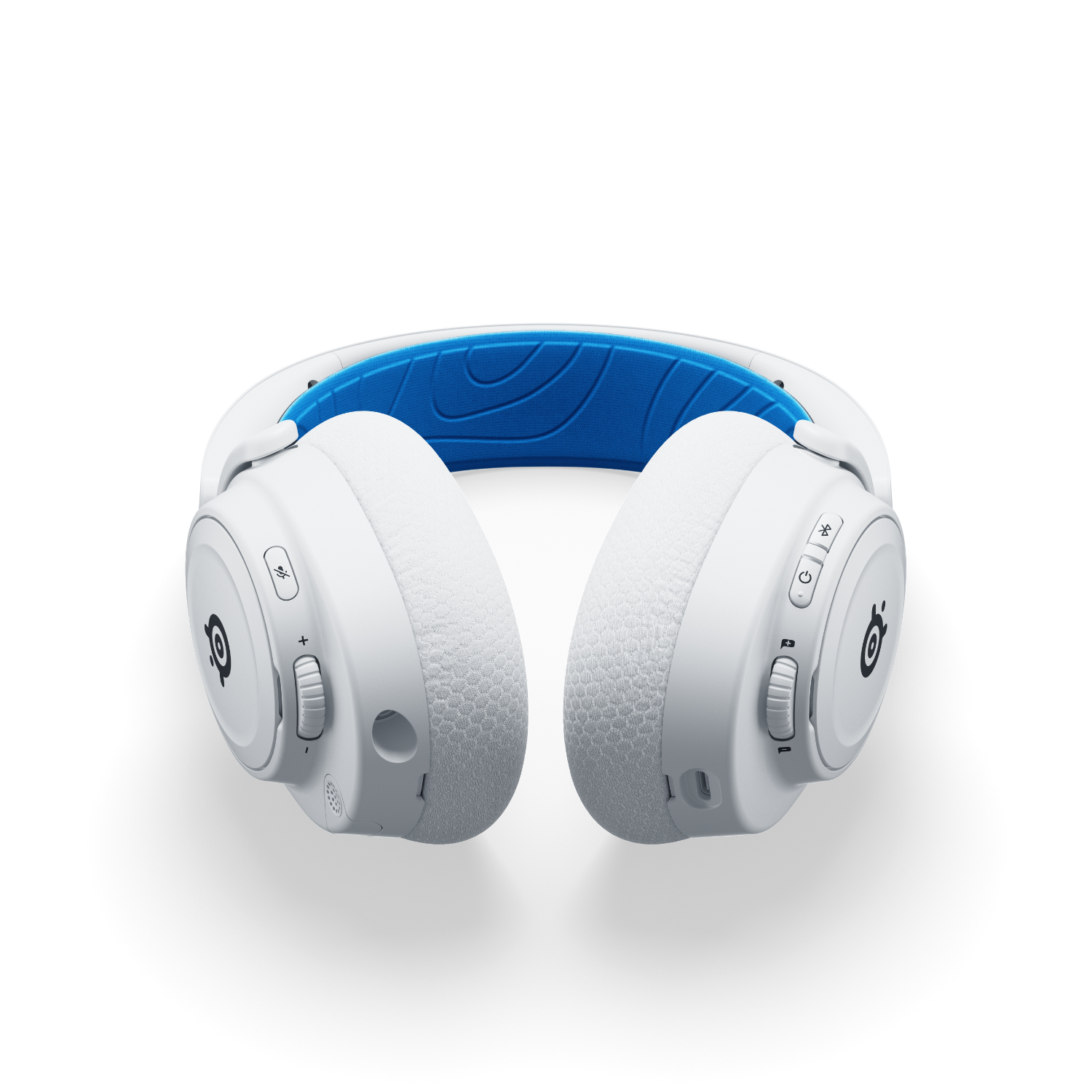 White headphones with blue headband. Buttons and logo on the sides. Clean white background.
