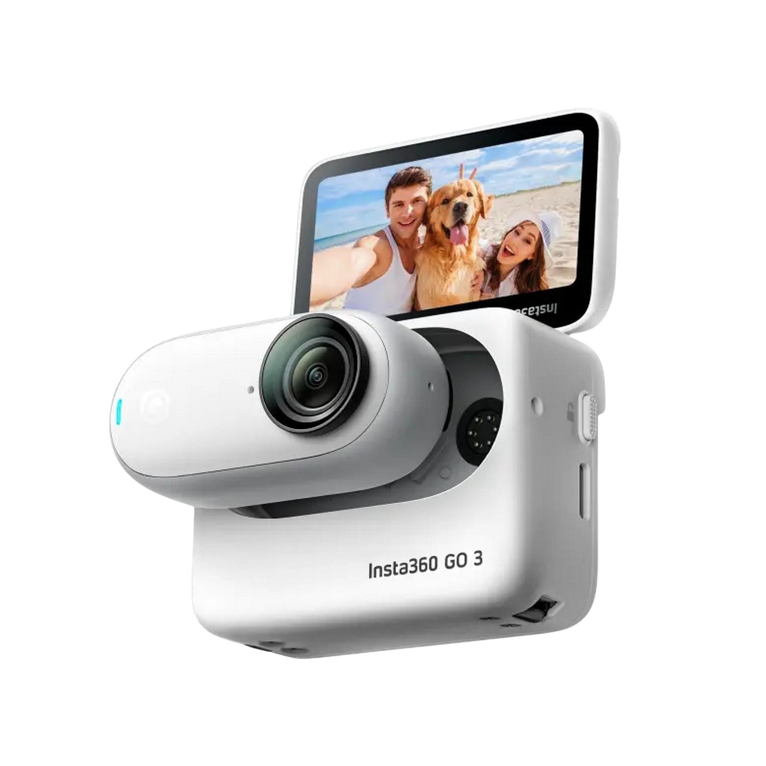 Witte Insta360 GO 3 camera, met een scherm met mensen en een hond, tegen een witte achtergrond.