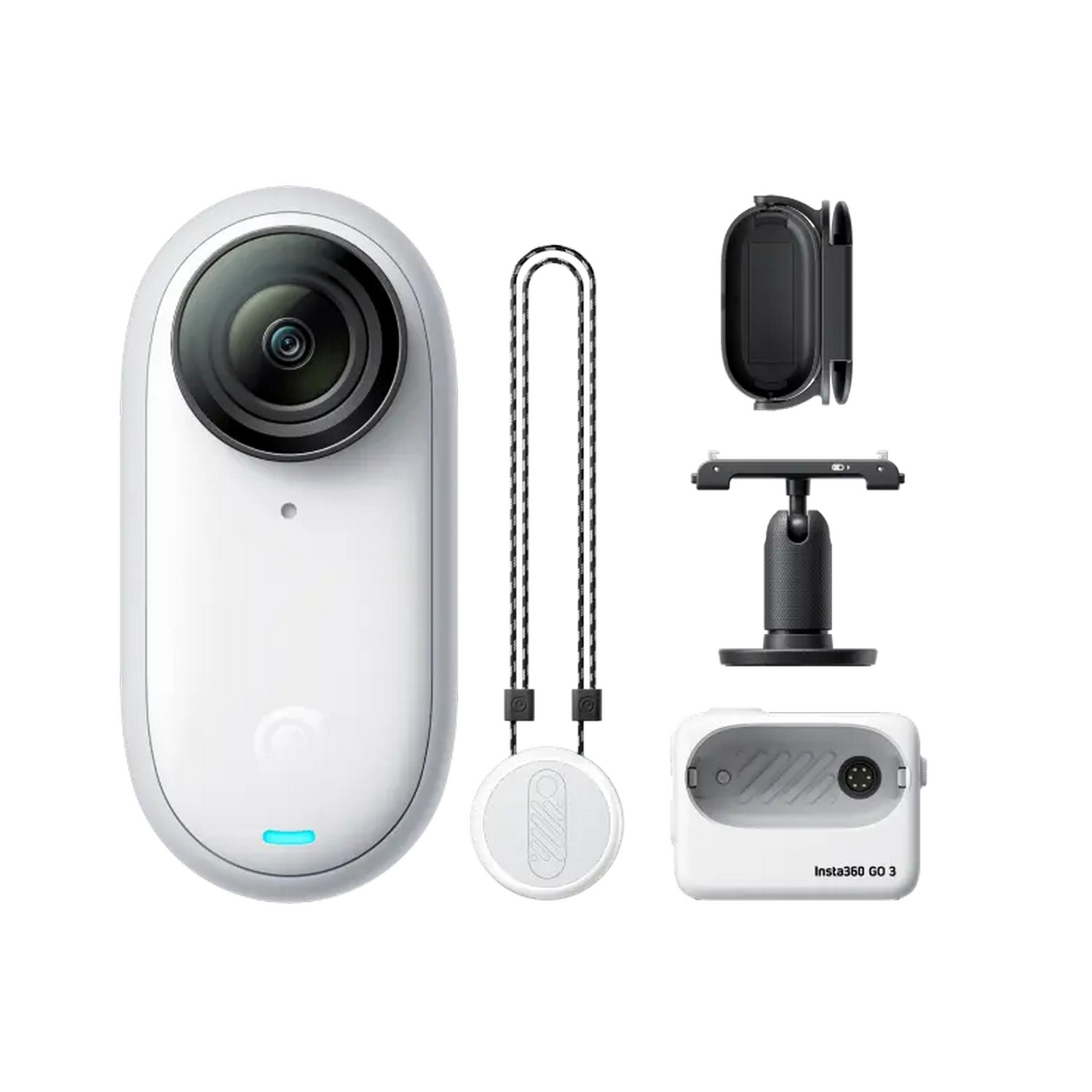 Witte action camera met accessoires: houder, nekriem en oplaadcase. Insta360 GO 3 label.