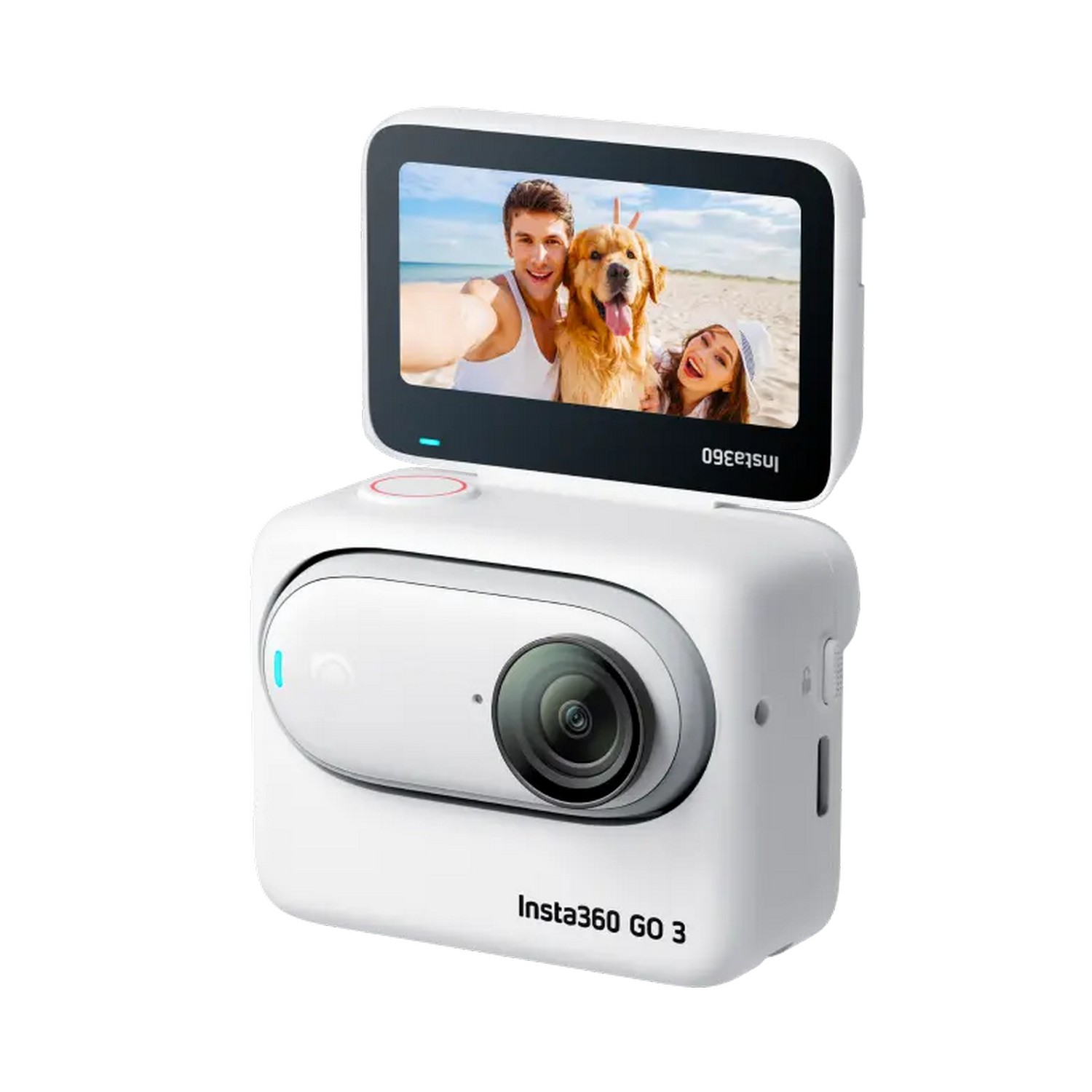 Witte Insta360 GO 3 camera die een selfie van een stel en een hond toont.