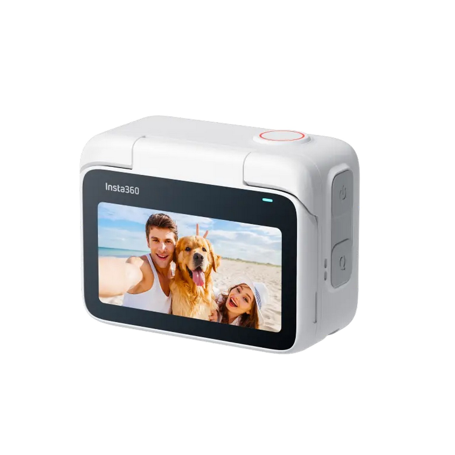 Een witte Insta360-camera met een scherm waarop een stel en een hond op het strand te zien zijn.