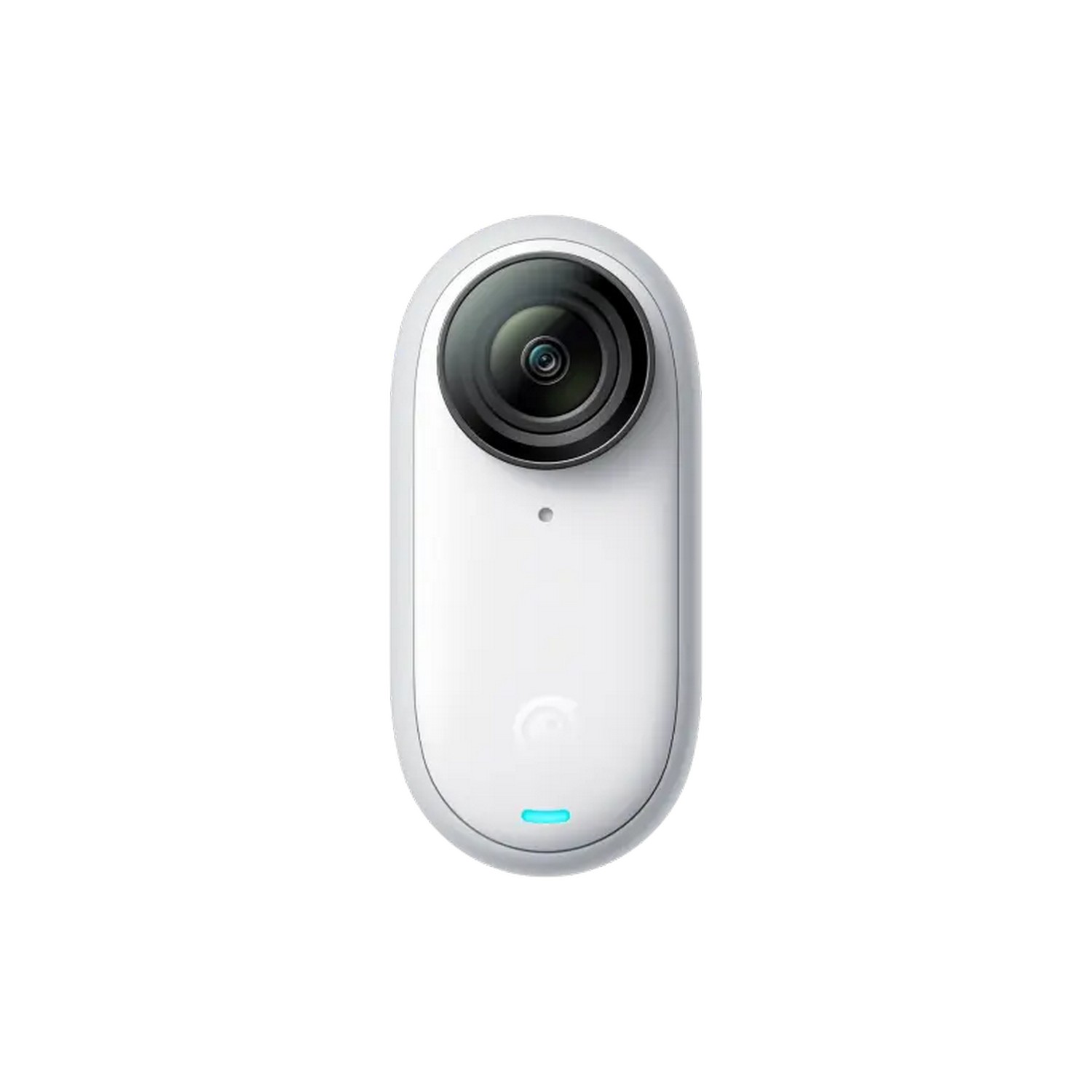 Witte ovale camera met een zwarte lens, een rode stip en een blauw licht.