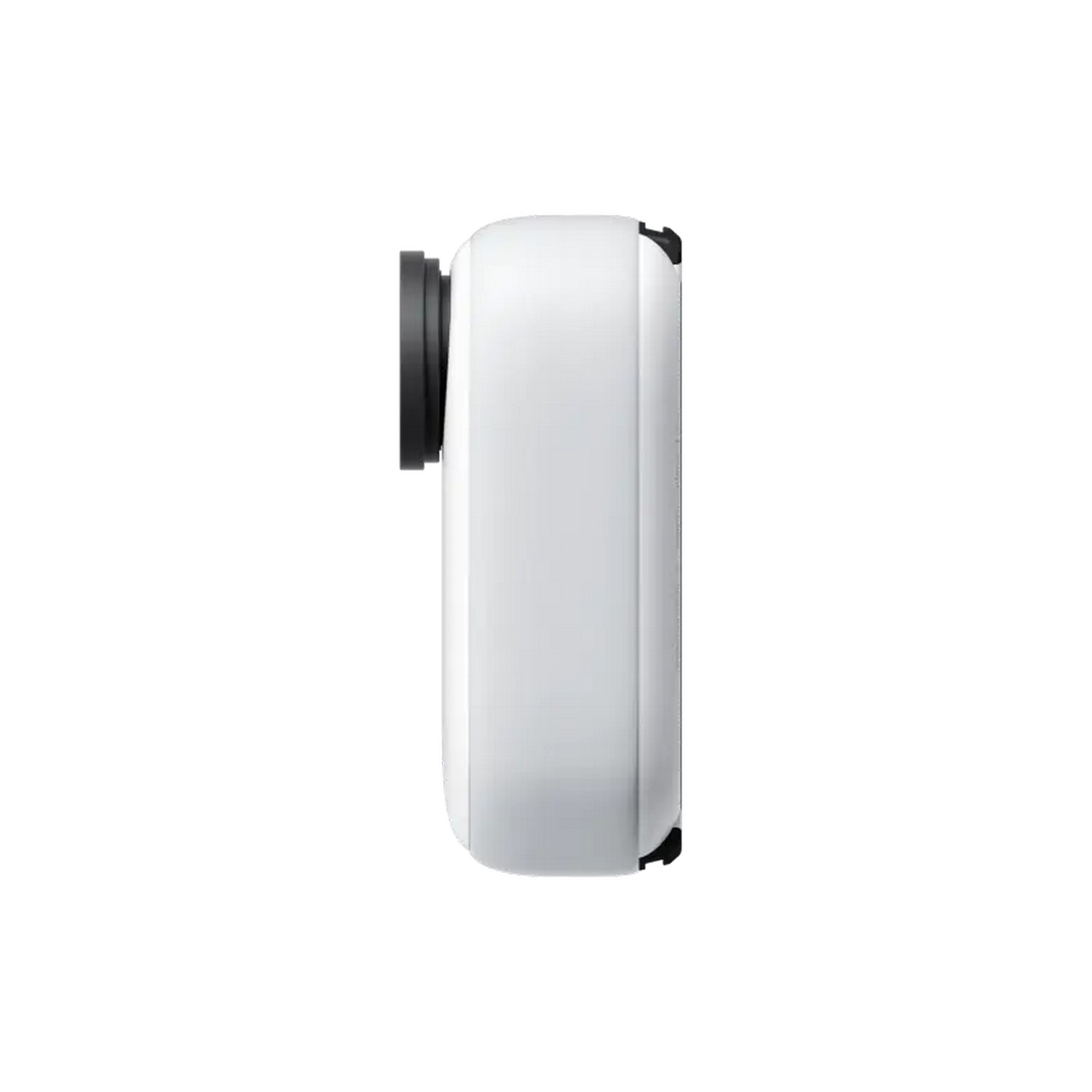 Een witte camera met een lens aan de zijkant. De camera is rechthoekig met afgeronde hoeken.